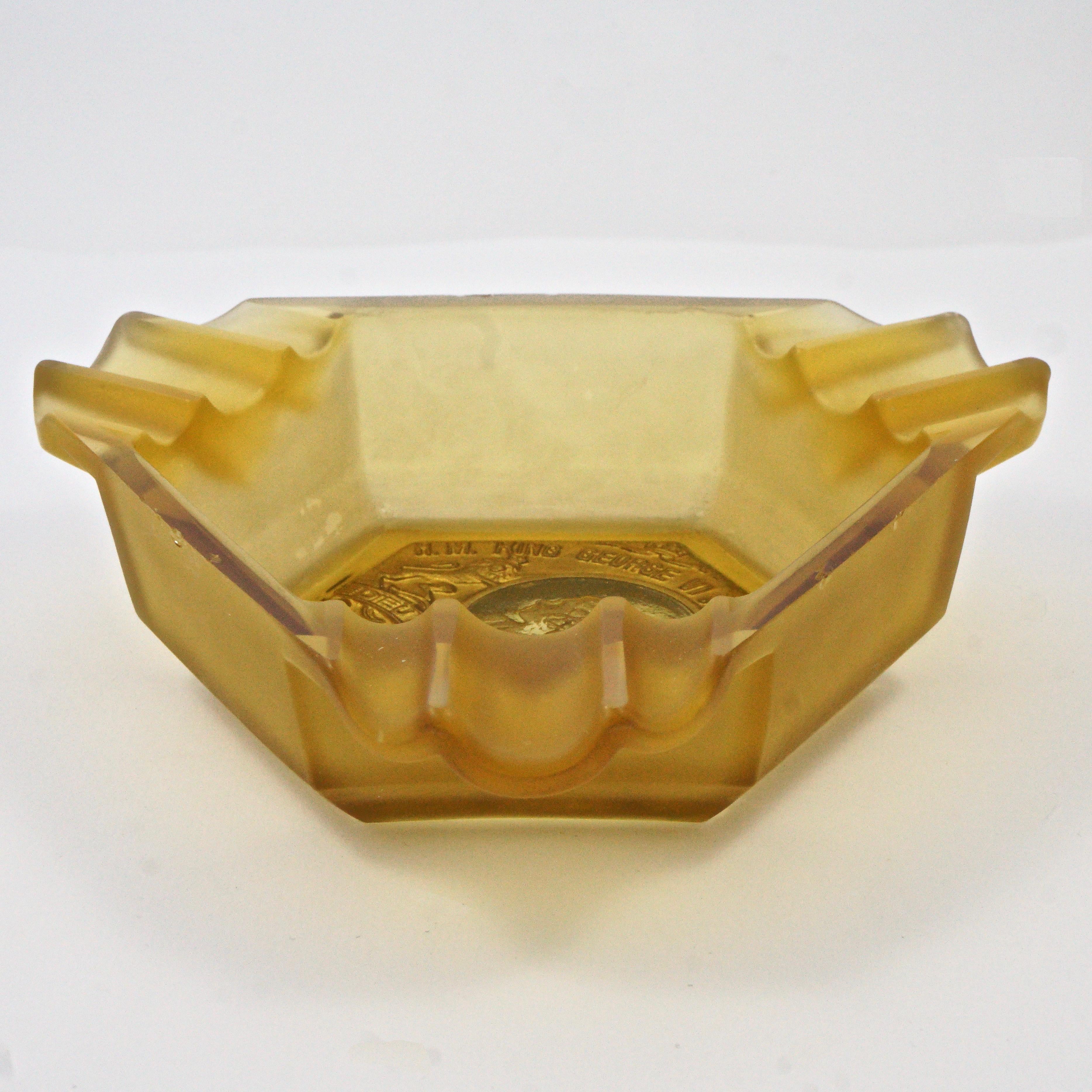 Brown Art Deco Amber Glass King George VI and Queen Elizabeth Coronation Ashtray 1937