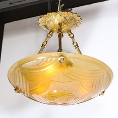 Art Deco Amber Glass Pendant w/ Streamlined Motifs & Gilded Bronze Fittings