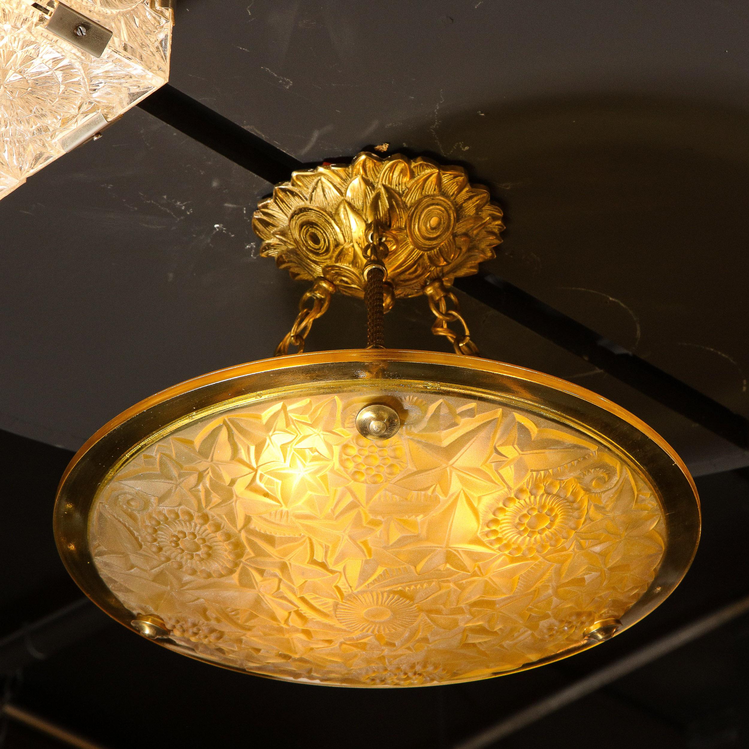 Art Deco Amber Glass Pendant w/ Stylized Cubist Motifs & Gilded Bronze Fittings 5