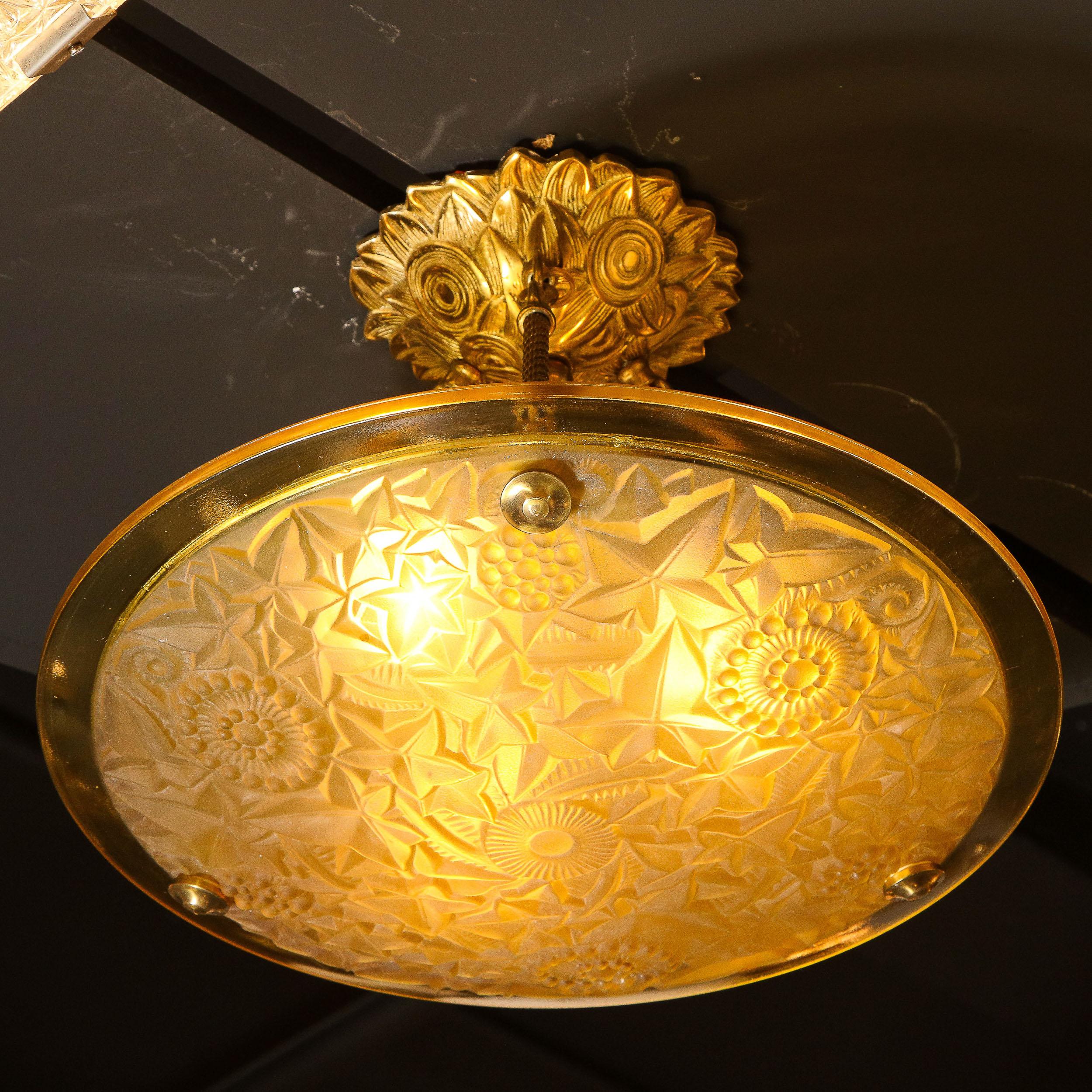 Art Deco Amber Glass Pendant w/ Stylized Cubist Motifs & Gilded Bronze Fittings 6