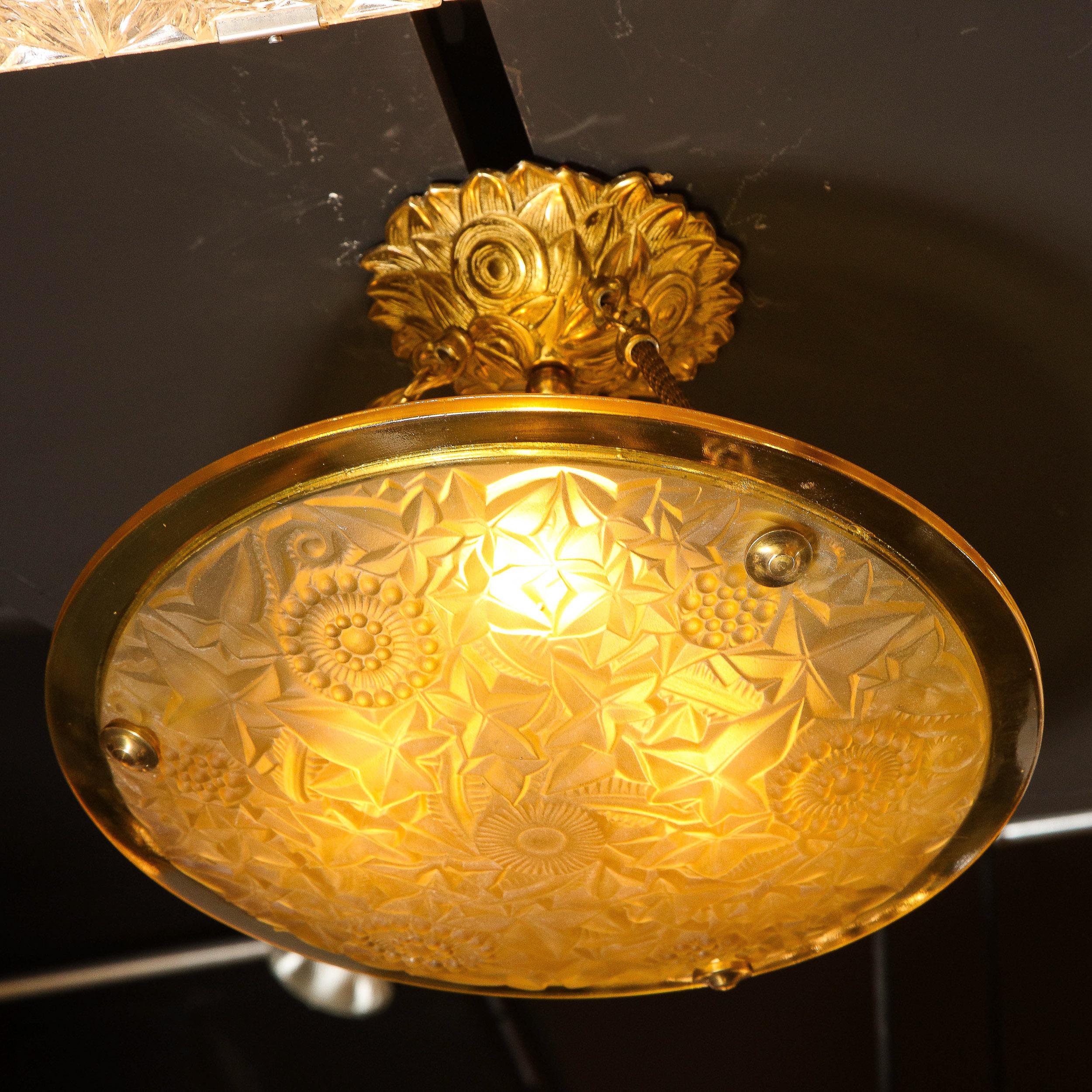 Art Deco Amber Glass Pendant w/ Stylized Cubist Motifs & Gilded Bronze Fittings 7