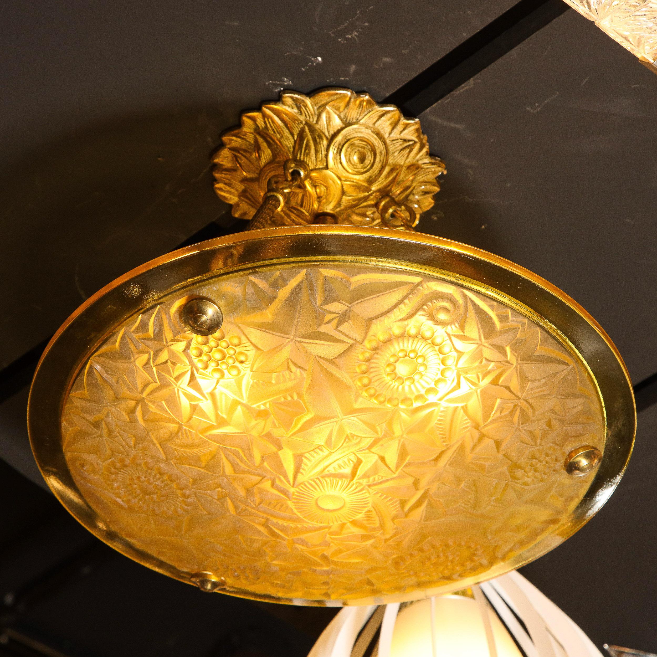 Art Deco Amber Glass Pendant w/ Stylized Cubist Motifs & Gilded Bronze Fittings 9