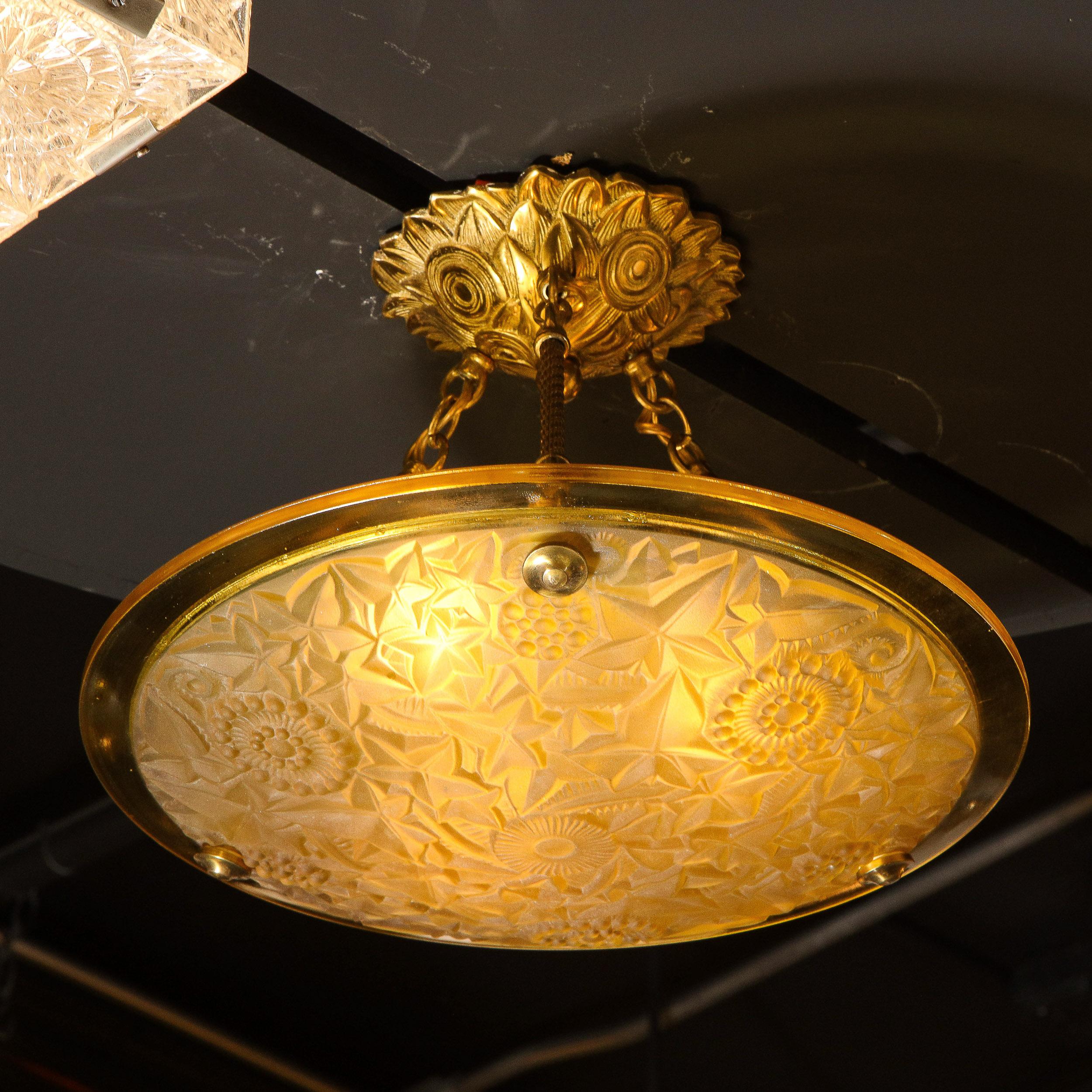 French Art Deco Amber Glass Pendant w/ Stylized Cubist Motifs & Gilded Bronze Fittings