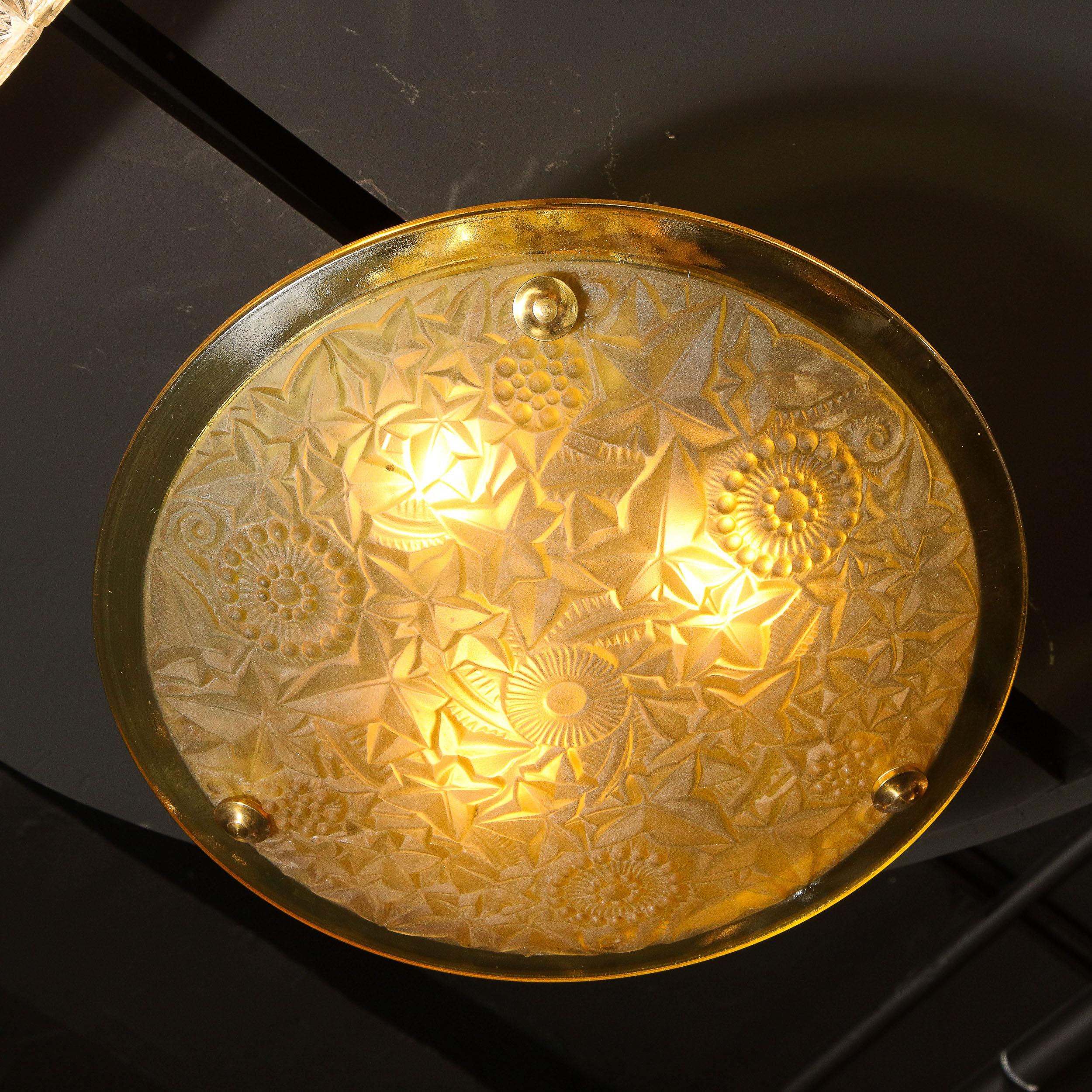 Mid-20th Century Art Deco Amber Glass Pendant w/ Stylized Cubist Motifs & Gilded Bronze Fittings