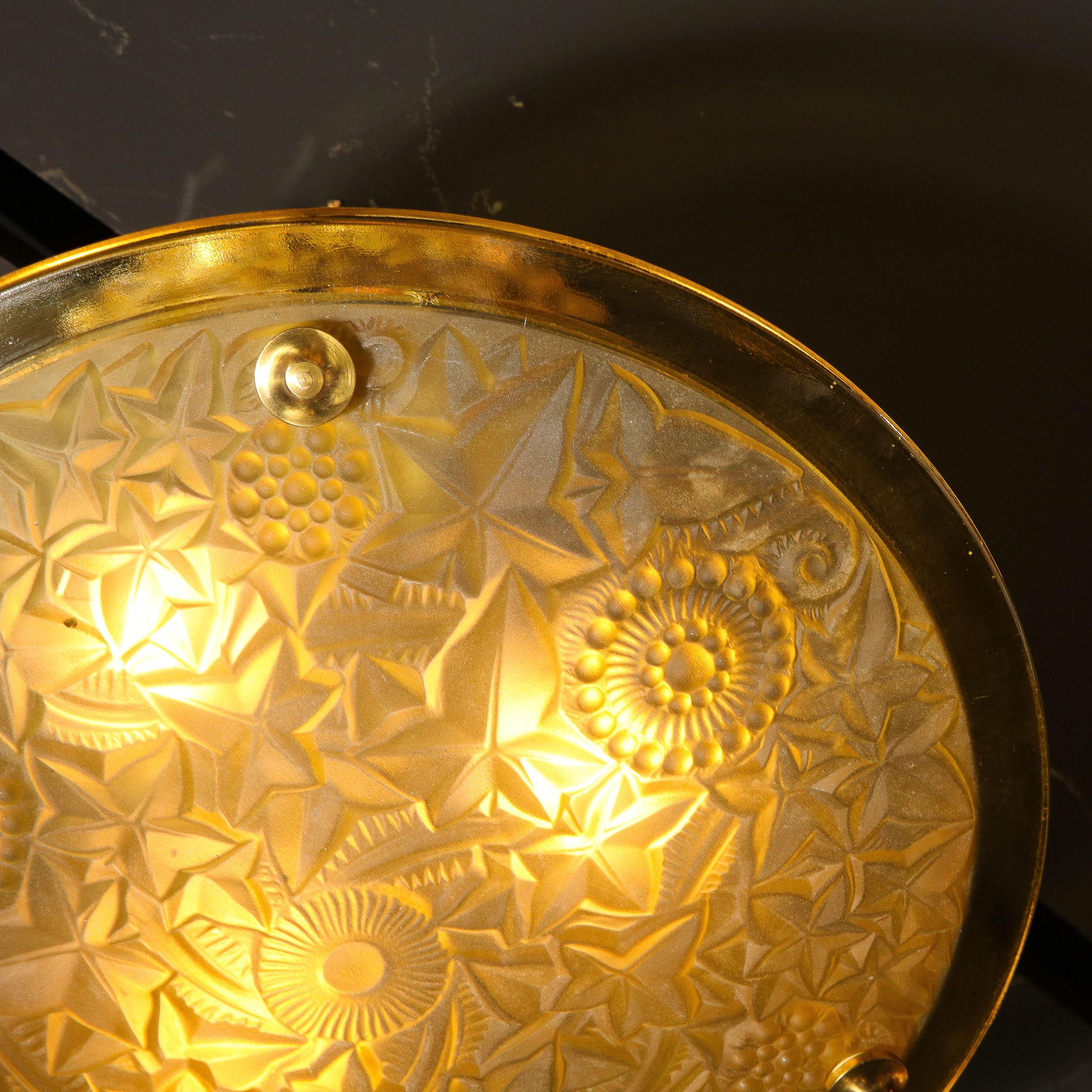 Art Deco Amber Glass Pendant w/ Stylized Cubist Motifs & Gilded Bronze Fittings 1