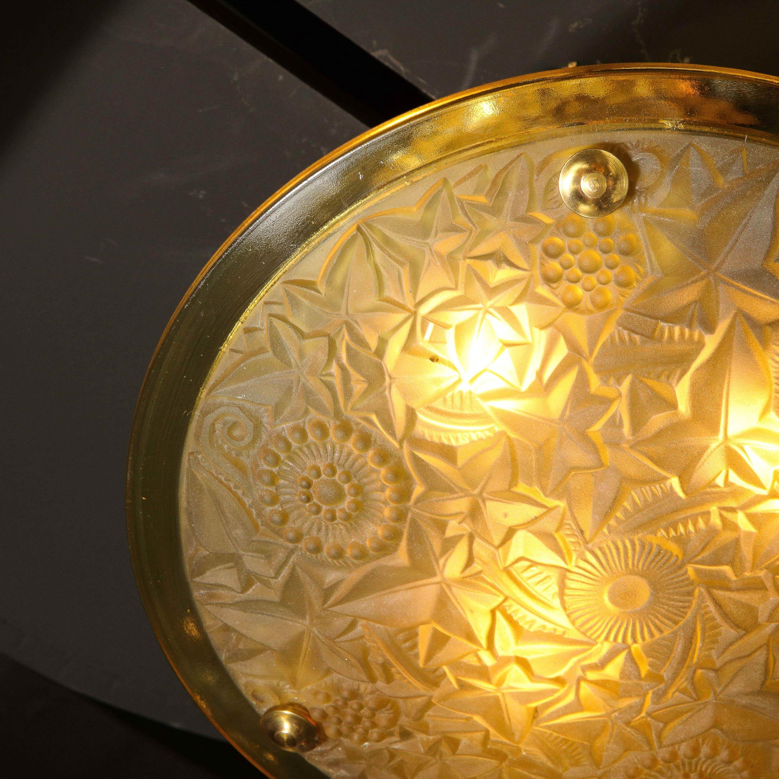 Art Deco Amber Glass Pendant w/ Stylized Cubist Motifs & Gilded Bronze Fittings 2