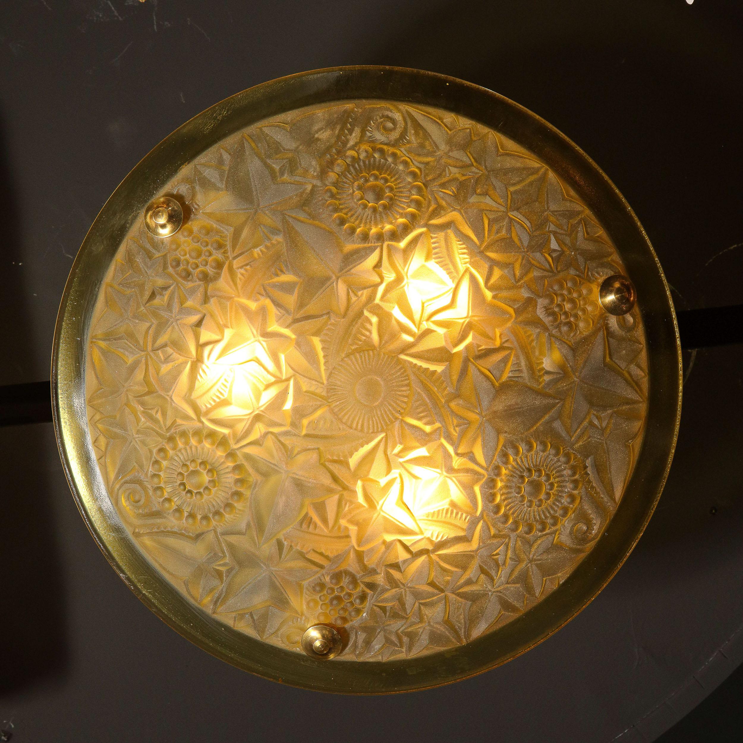 Art Deco Amber Glass Pendant w/ Stylized Cubist Motifs & Gilded Bronze Fittings 3