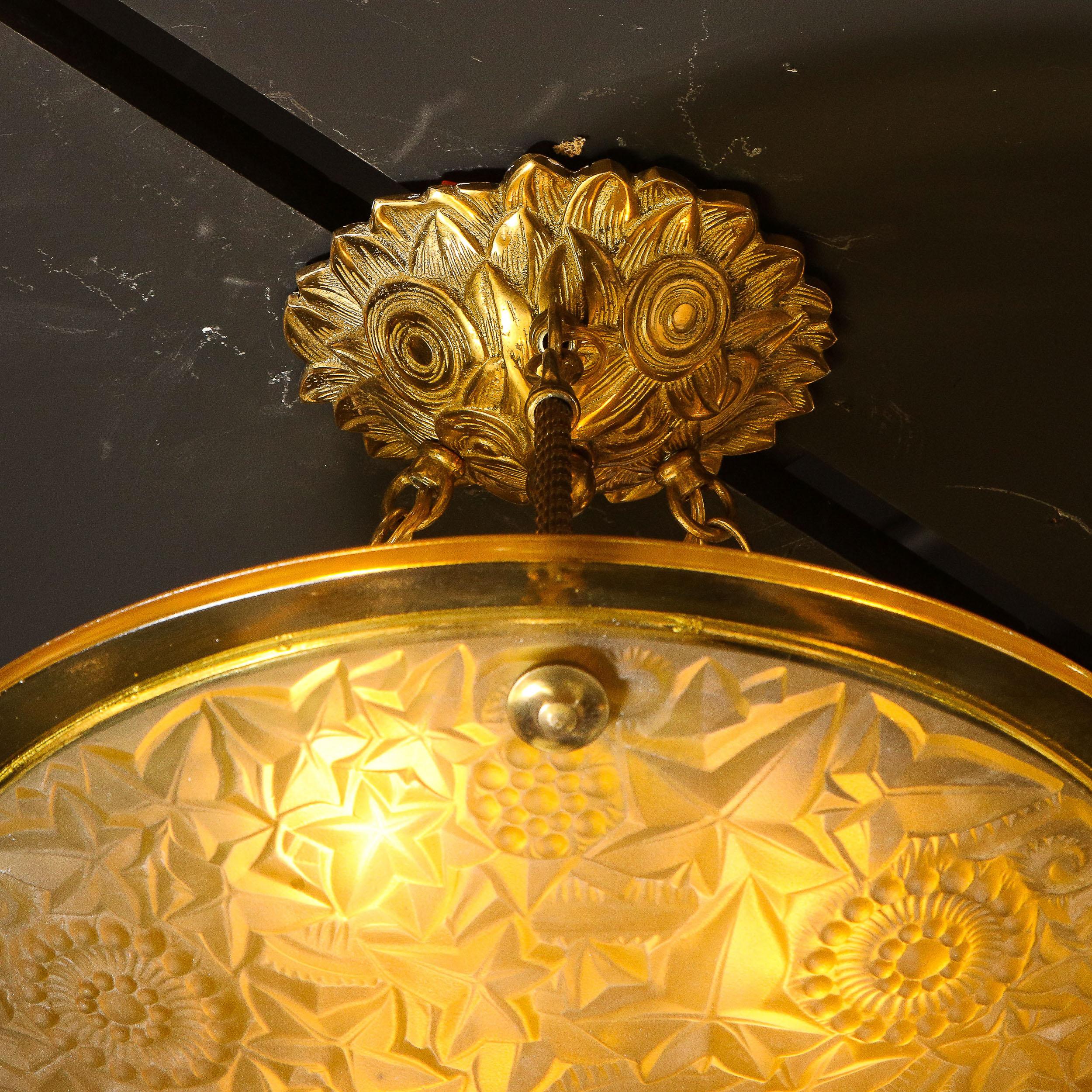 Art Deco Amber Glass Pendant w/ Stylized Cubist Motifs & Gilded Bronze Fittings 4