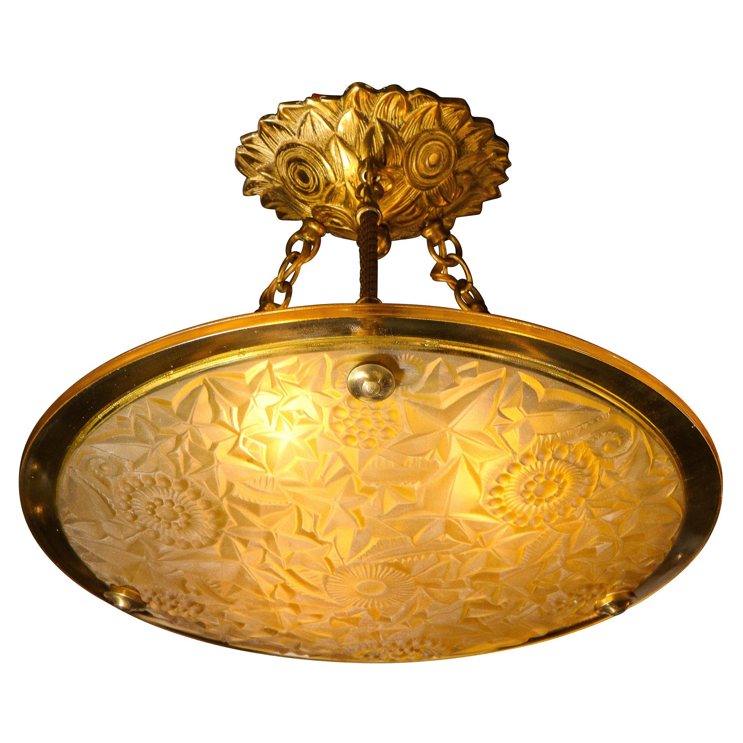 Art Deco Amber Glass Pendant w/ Stylized Cubist Motifs & Gilded Bronze Fittings