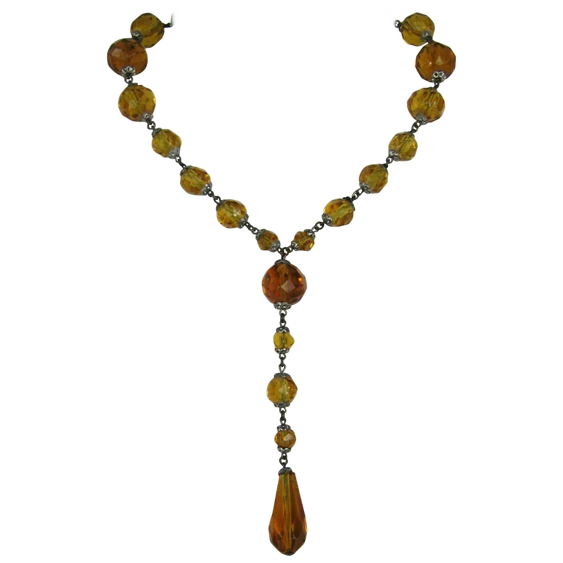 Art Deco Amber Glass Sautoir Necklace 1920s For Sale