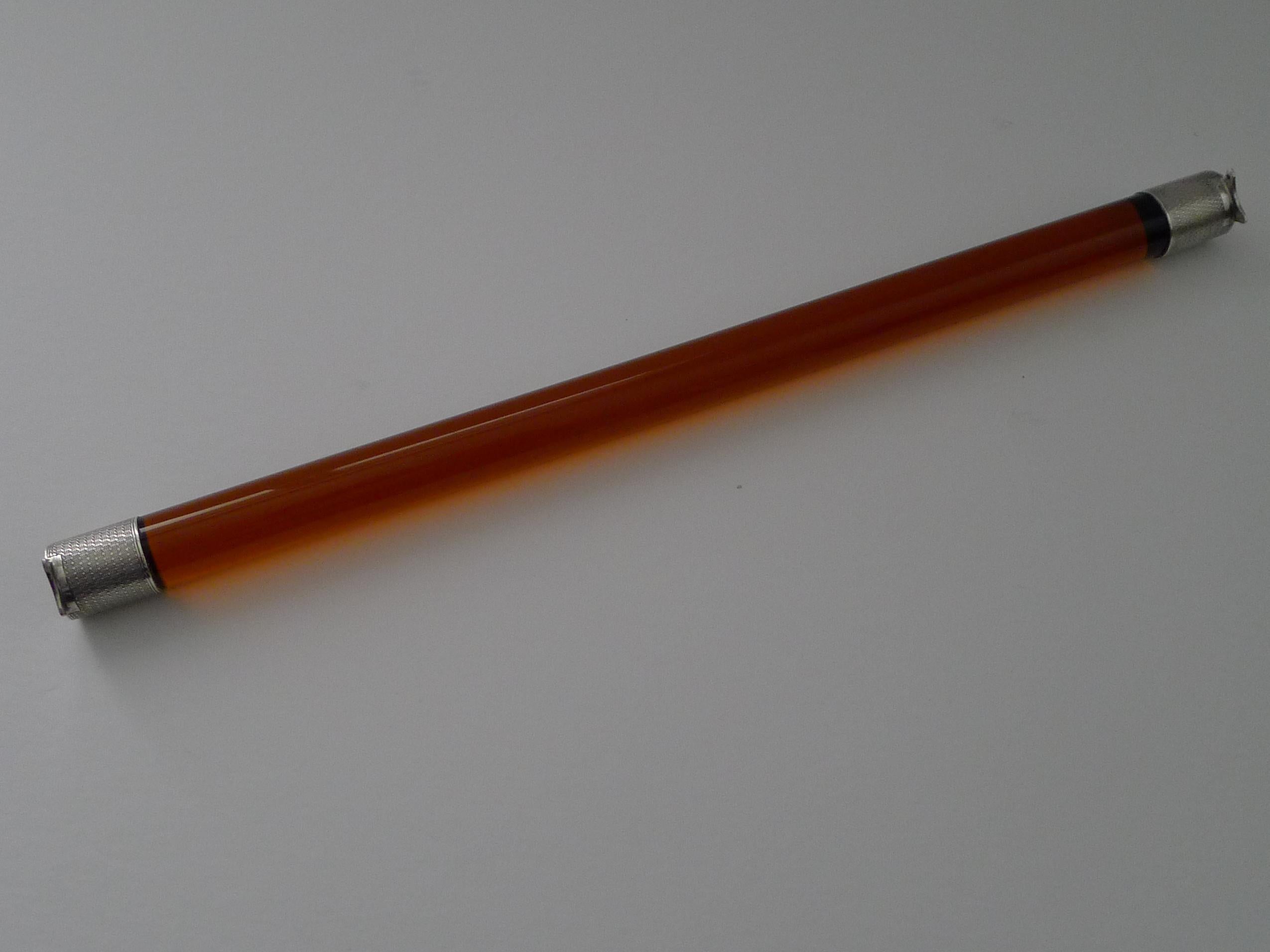 Early 20th Century Art Deco Amber Glass & Sterling Silver Ruler, 1927 For Sale