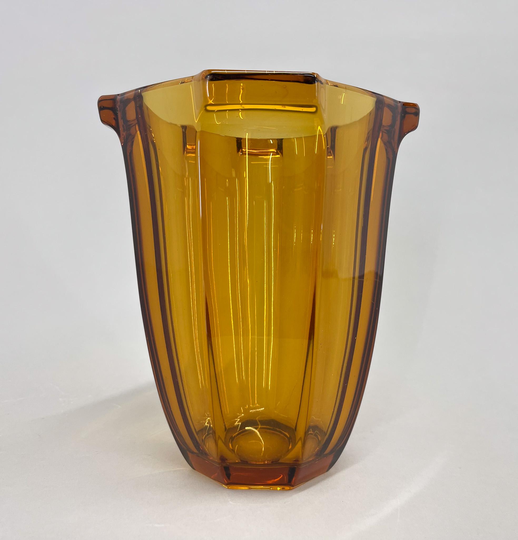Czech Art Deco Amber Glass Vase by Rudolf Schrotter, 1930s For Sale