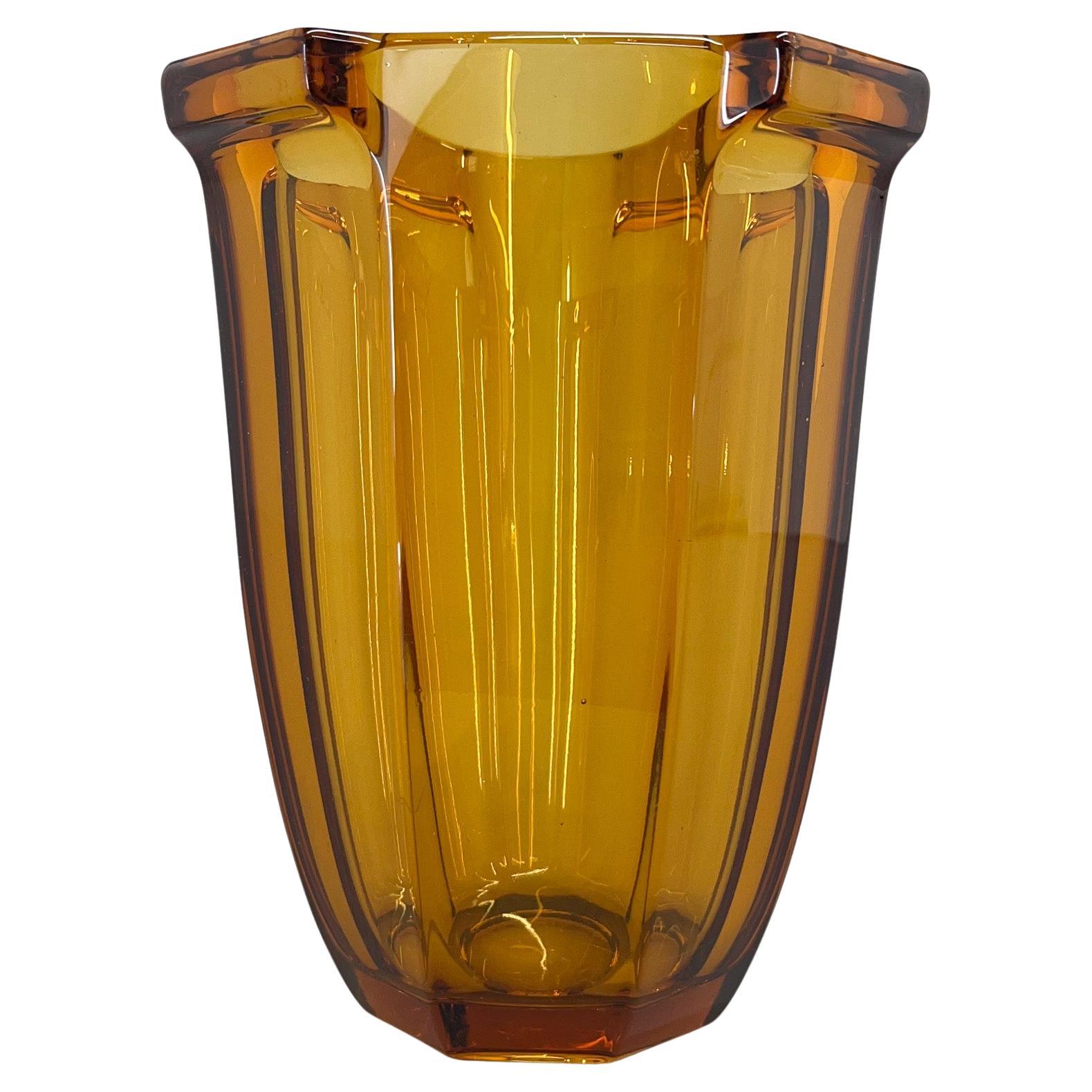 Art Deco Amber Glass Vase by Rudolf Schrotter, 1930s For Sale