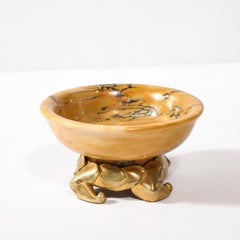 Art Deco Amber Gold Marble Dish with Stylized Gilt Bronze Base