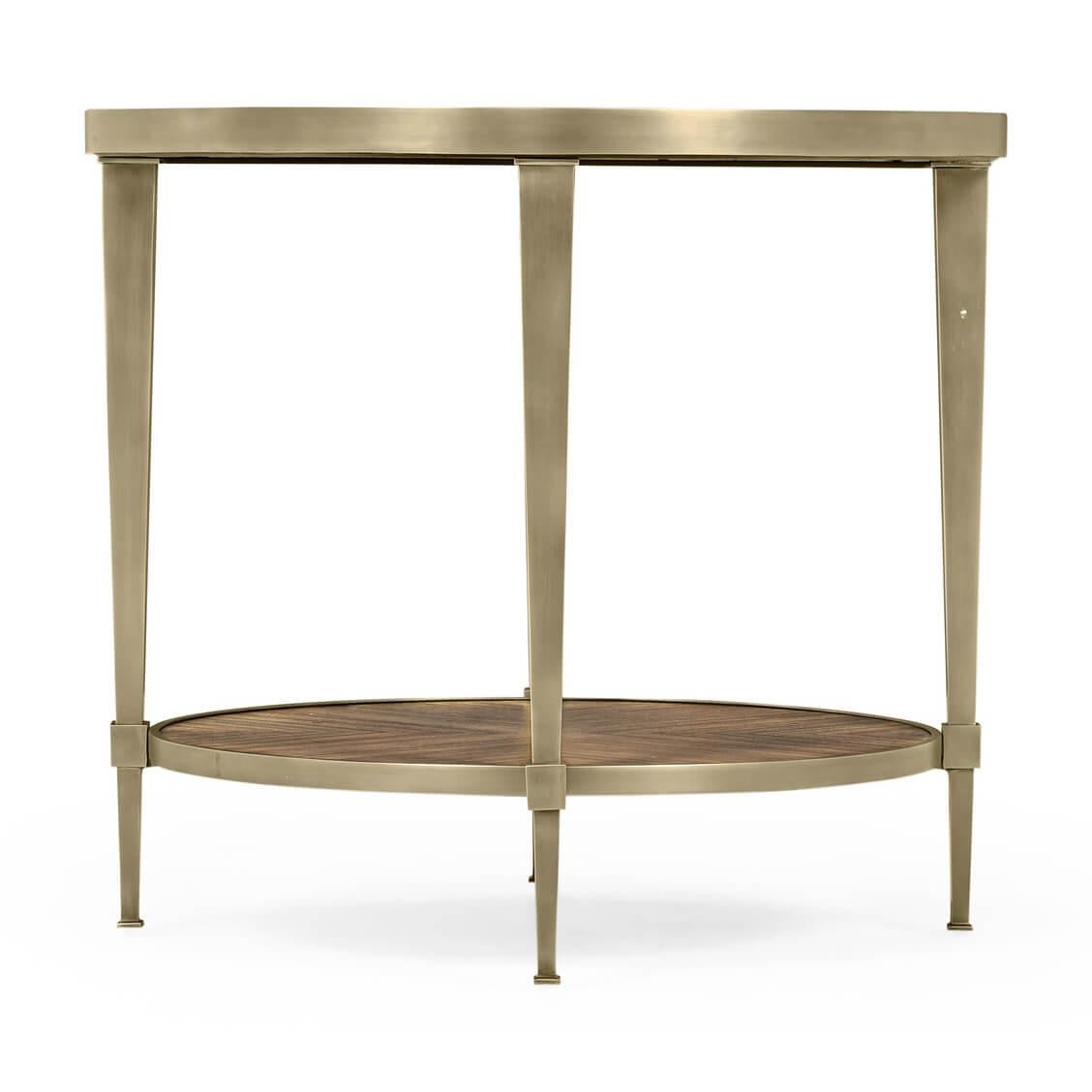 An Art Deco-inspired golden amber brass and quartered veneered two - tier lamp table with brass edge and square tapered supports, with a lower shelf stretcher base.

Dimensions: 27