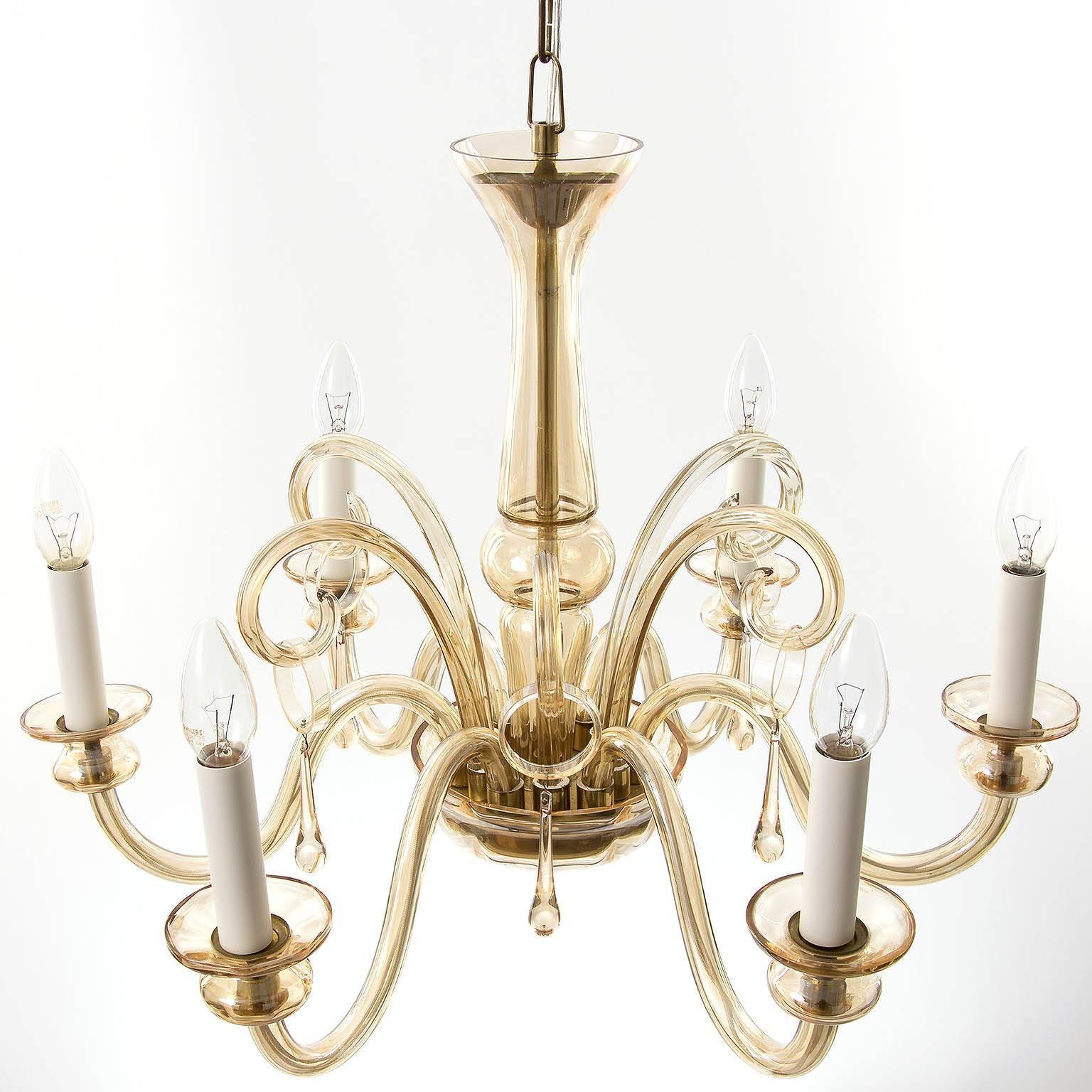 Italian Art Deco Amber Tone Glass Chandelier For Sale