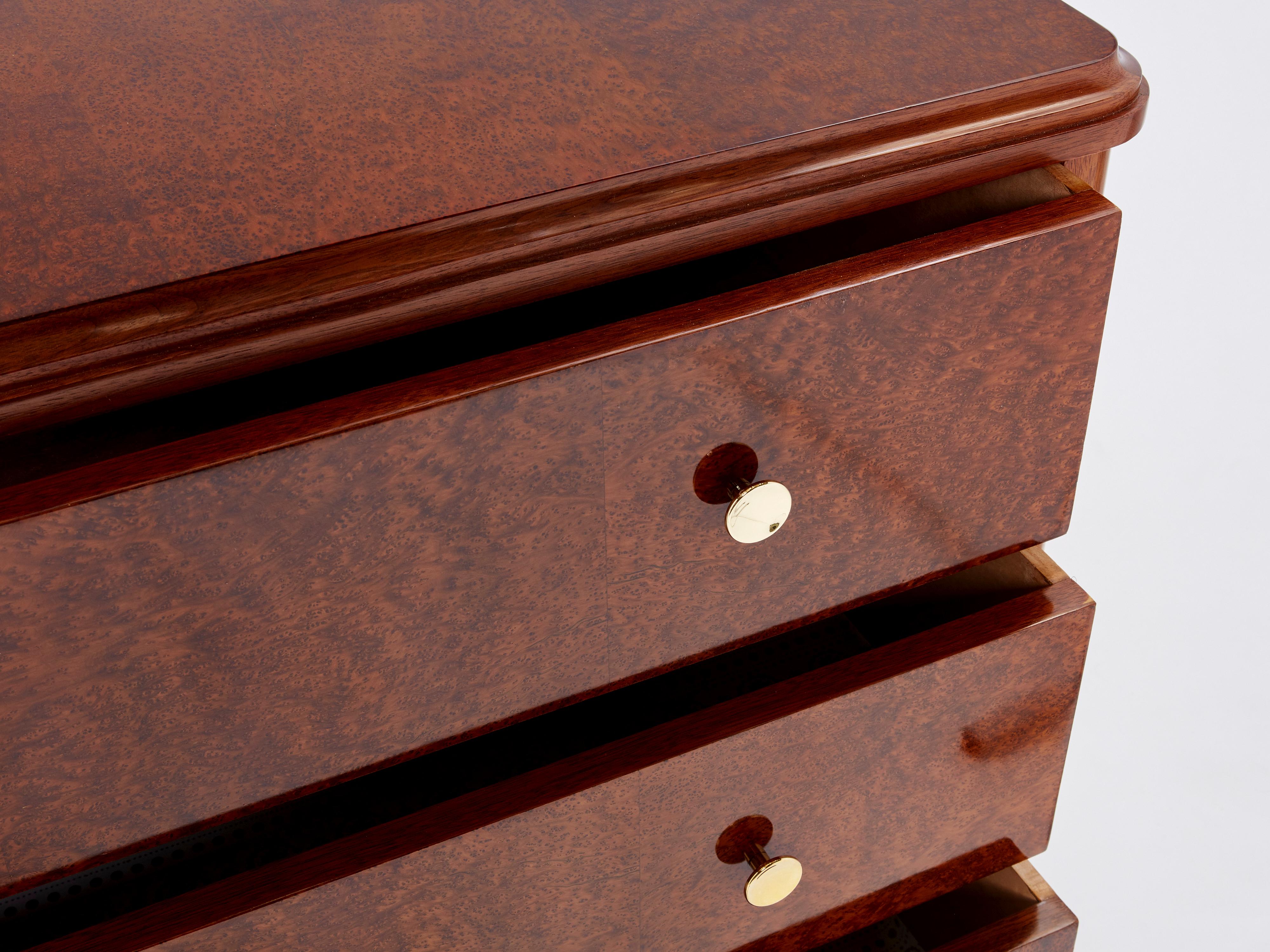 Metà XX secolo Art Deco Amboyna Burl Wood Commode Attr. Maurice Dufrène 1940 in vendita