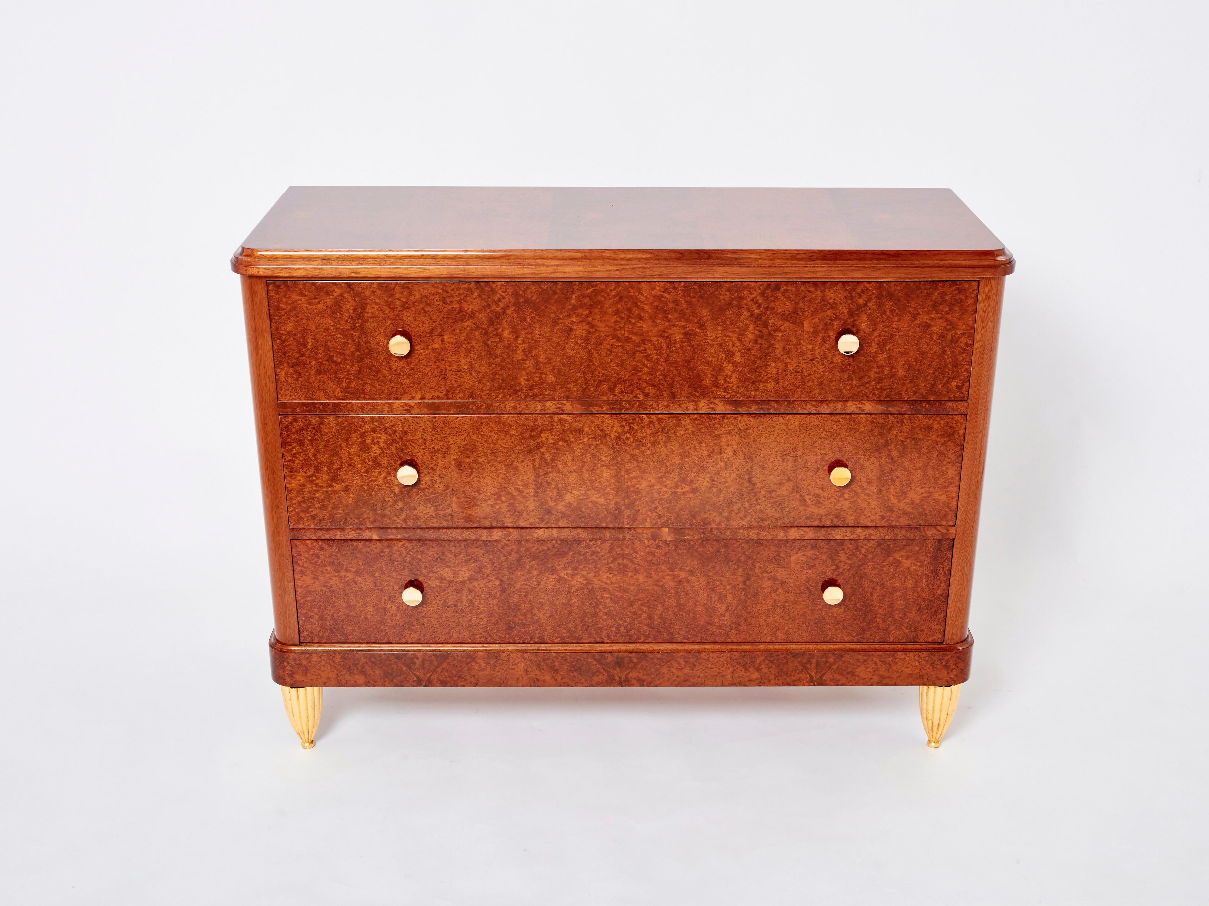 Ottone Art Deco Amboyna Burl Wood Commode Attr. Maurice Dufrène 1940 in vendita