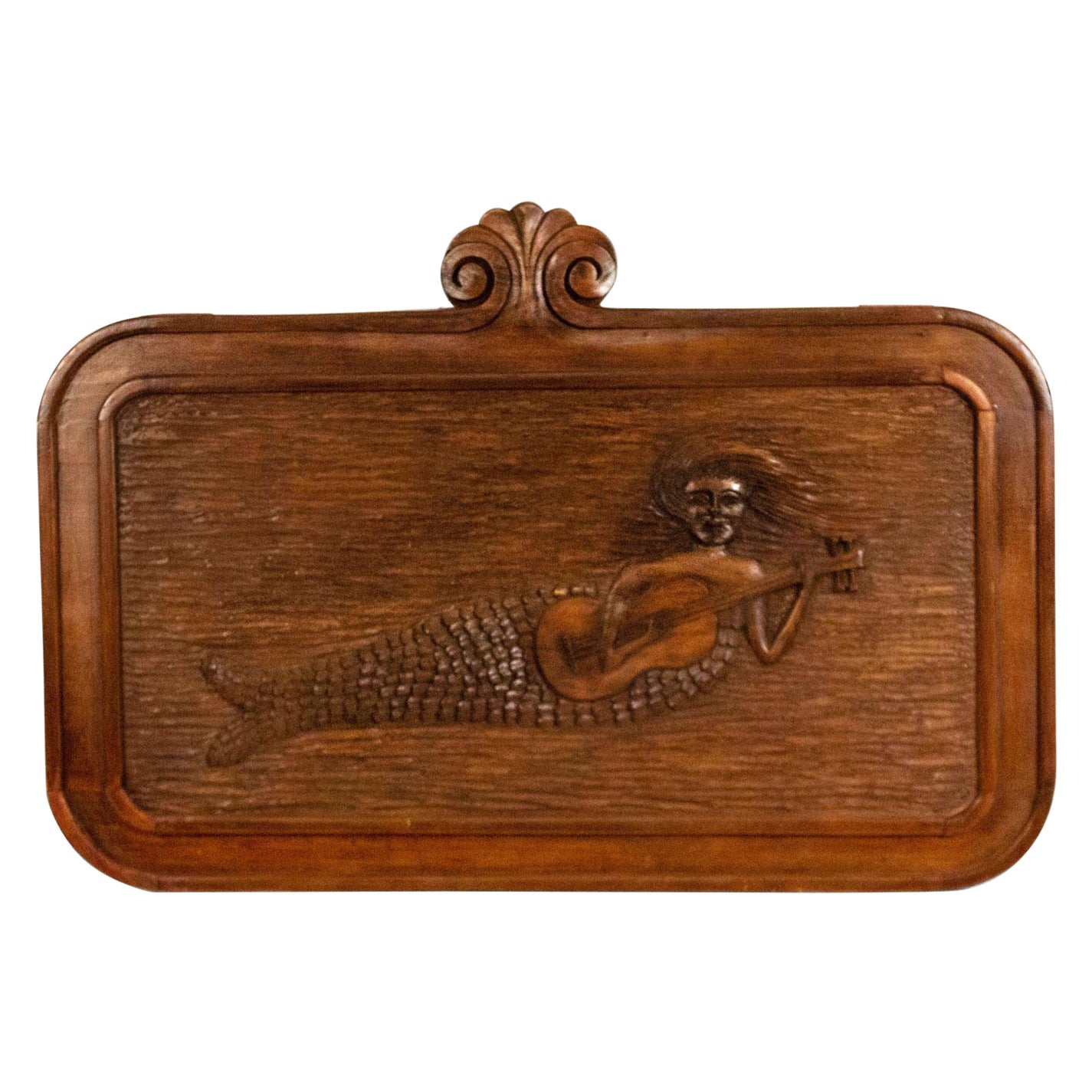 Art Deco American Carved Walnut Mermaid Wall Plaque For Sale