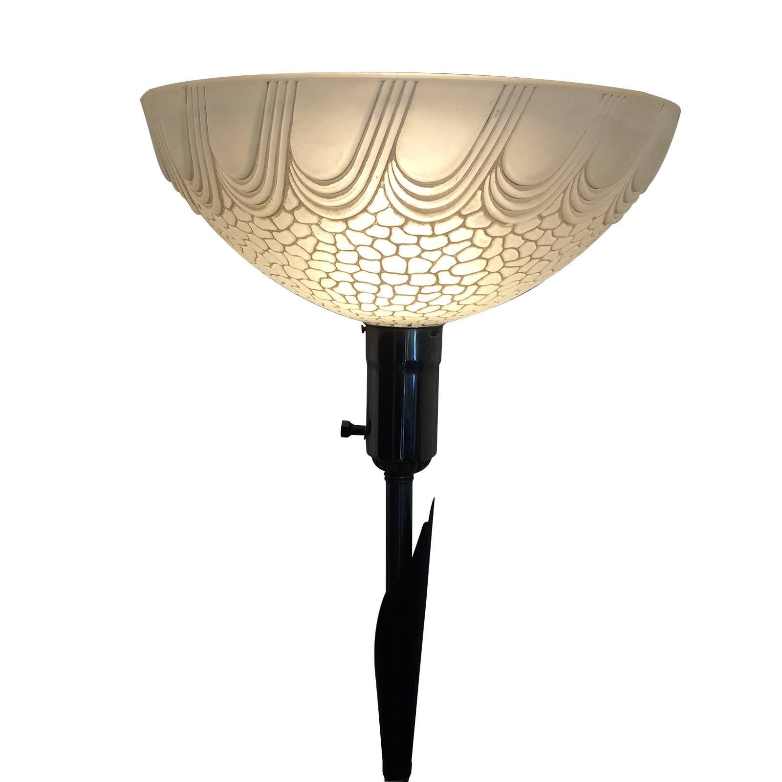Art deco uplighter lamp with bakelite decoration, chrome and huge carved glass shade. All original fittings have been retained, including the original internal switch and the bakelite details and leaf that encircles the chrome post. The original