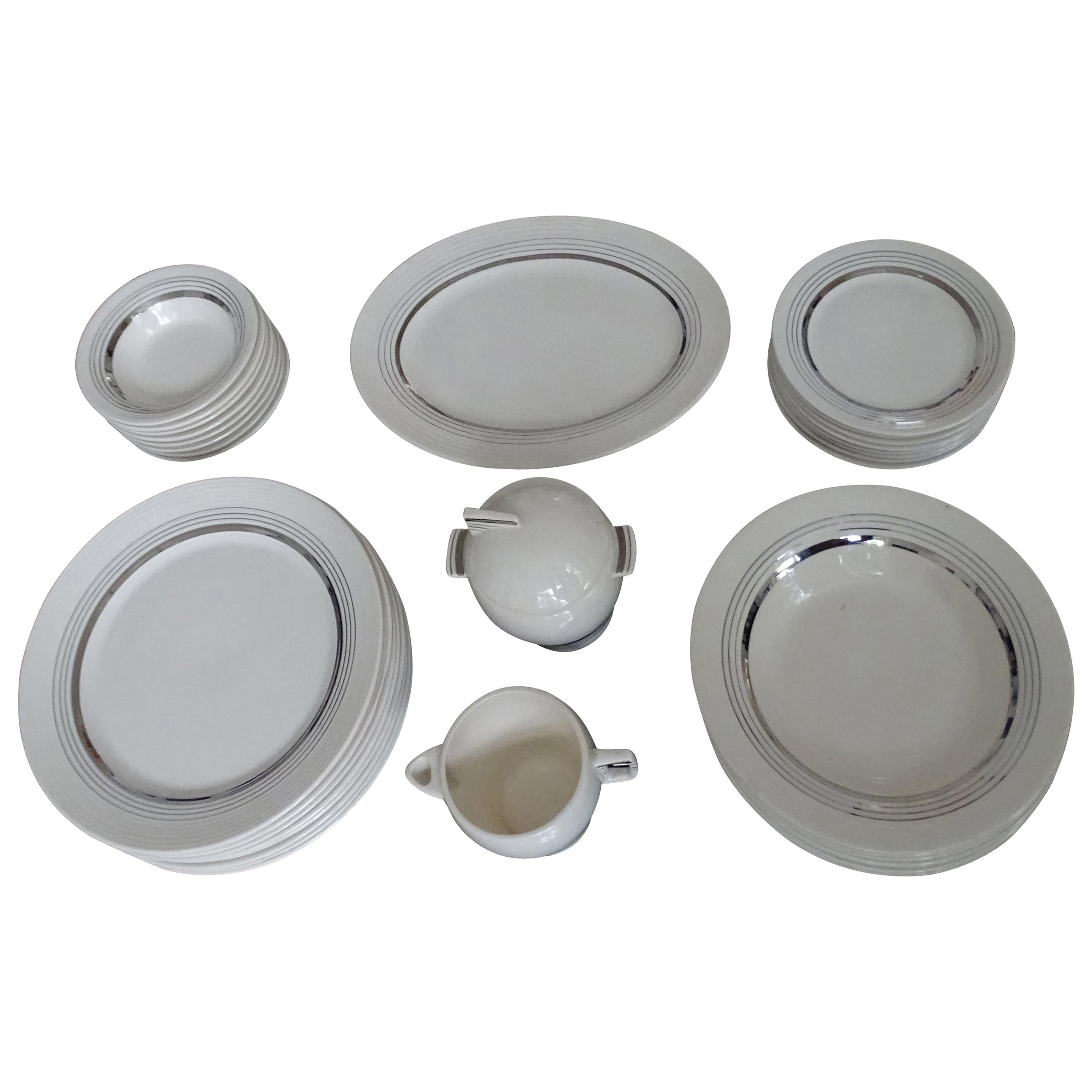Art Deco American Limoges White Gold China Dinnerware Service Set, 1930s For Sale