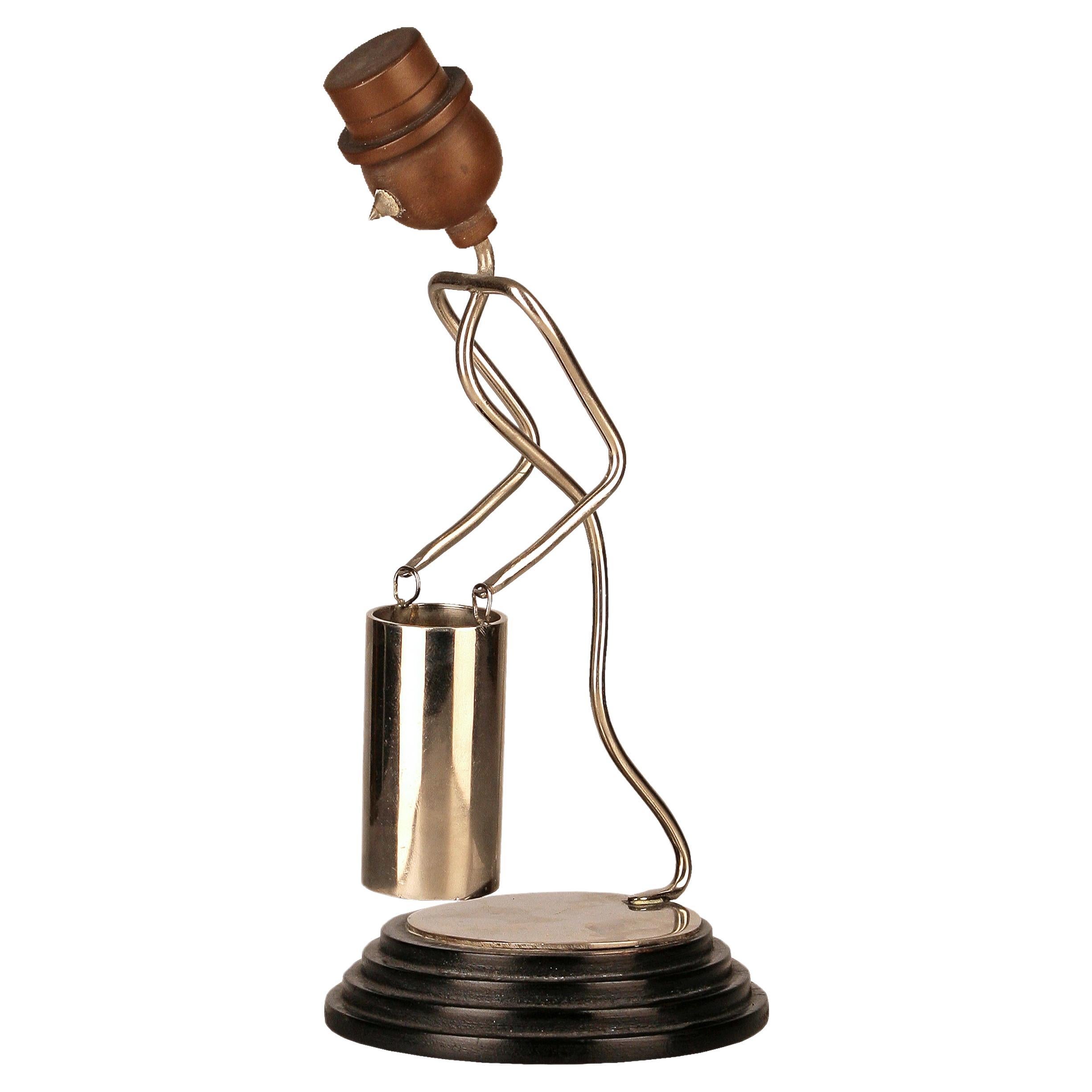 Art Déco American Metal Wire and Wood Bellboy/Bellhop/Stick Figure Match Holder For Sale