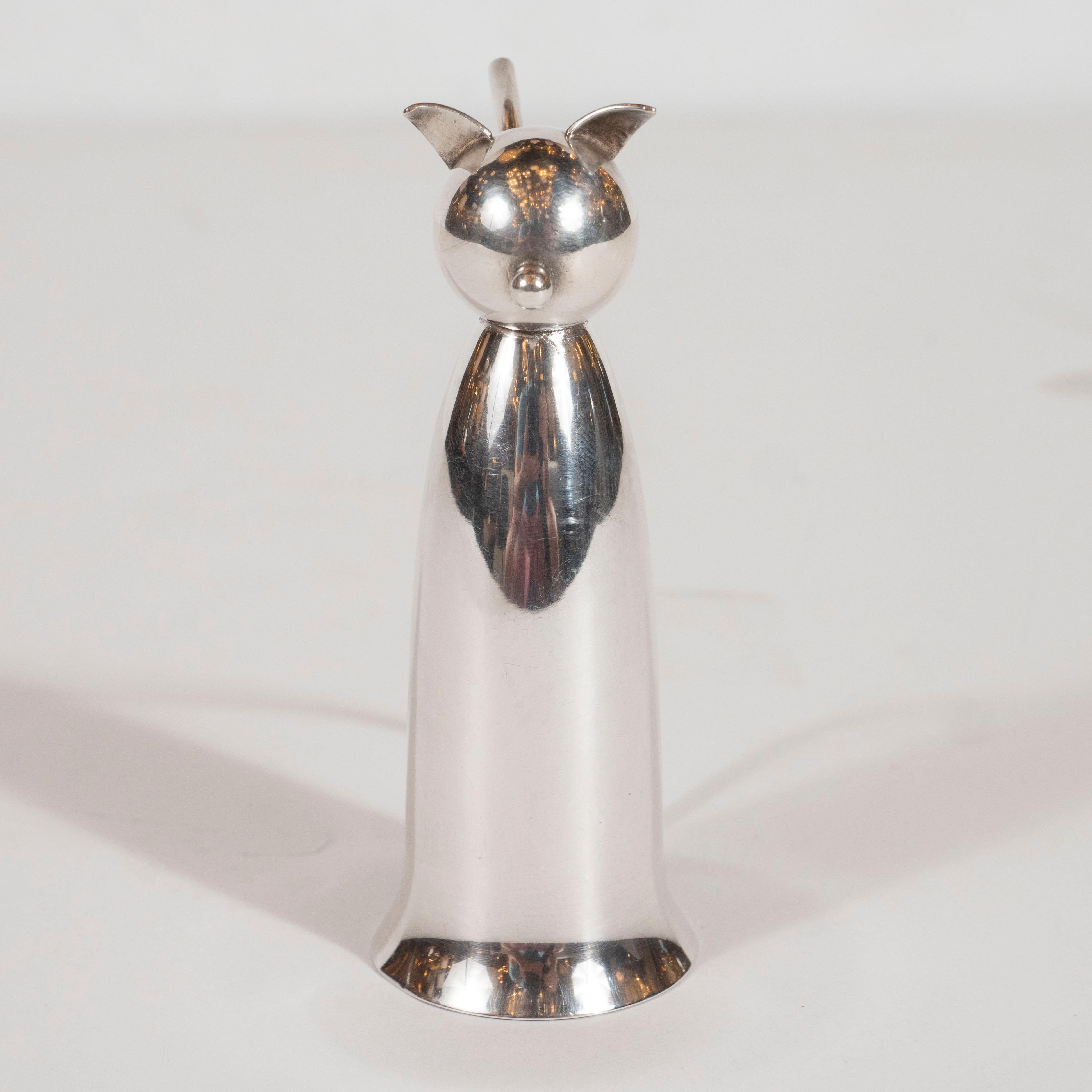 Mid-Century Modern Art Deco American Sculptural Silver Plated Stylized Cat Jigger by Napier
