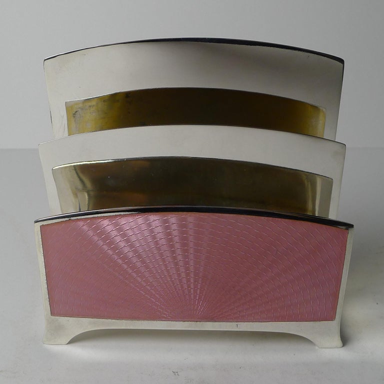 Art Deco American Sterling Silver & Pink Guilloche Enamel Letter Holder For Sale 1