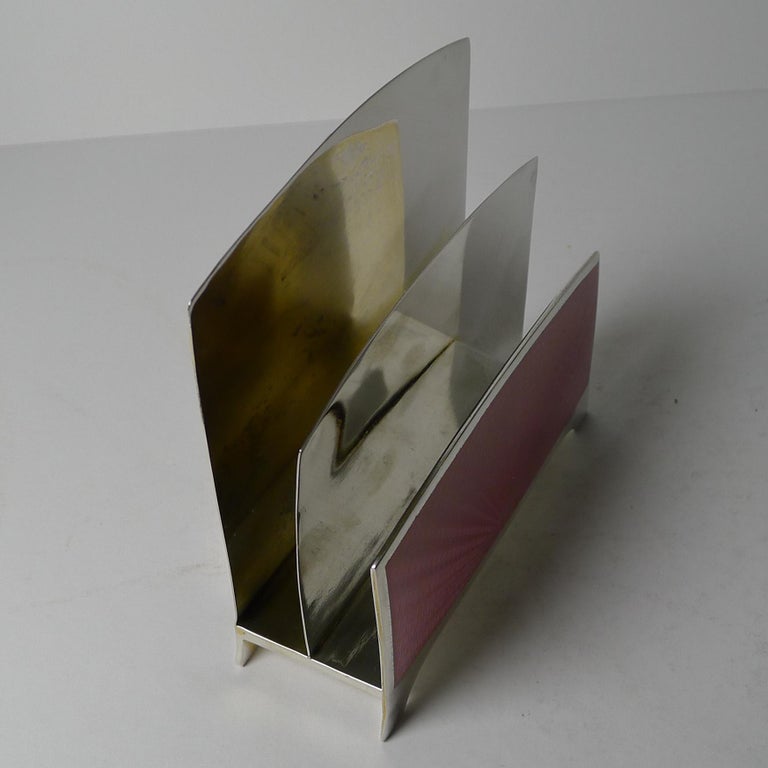 Art Deco American Sterling Silver & Pink Guilloche Enamel Letter Holder For Sale 2