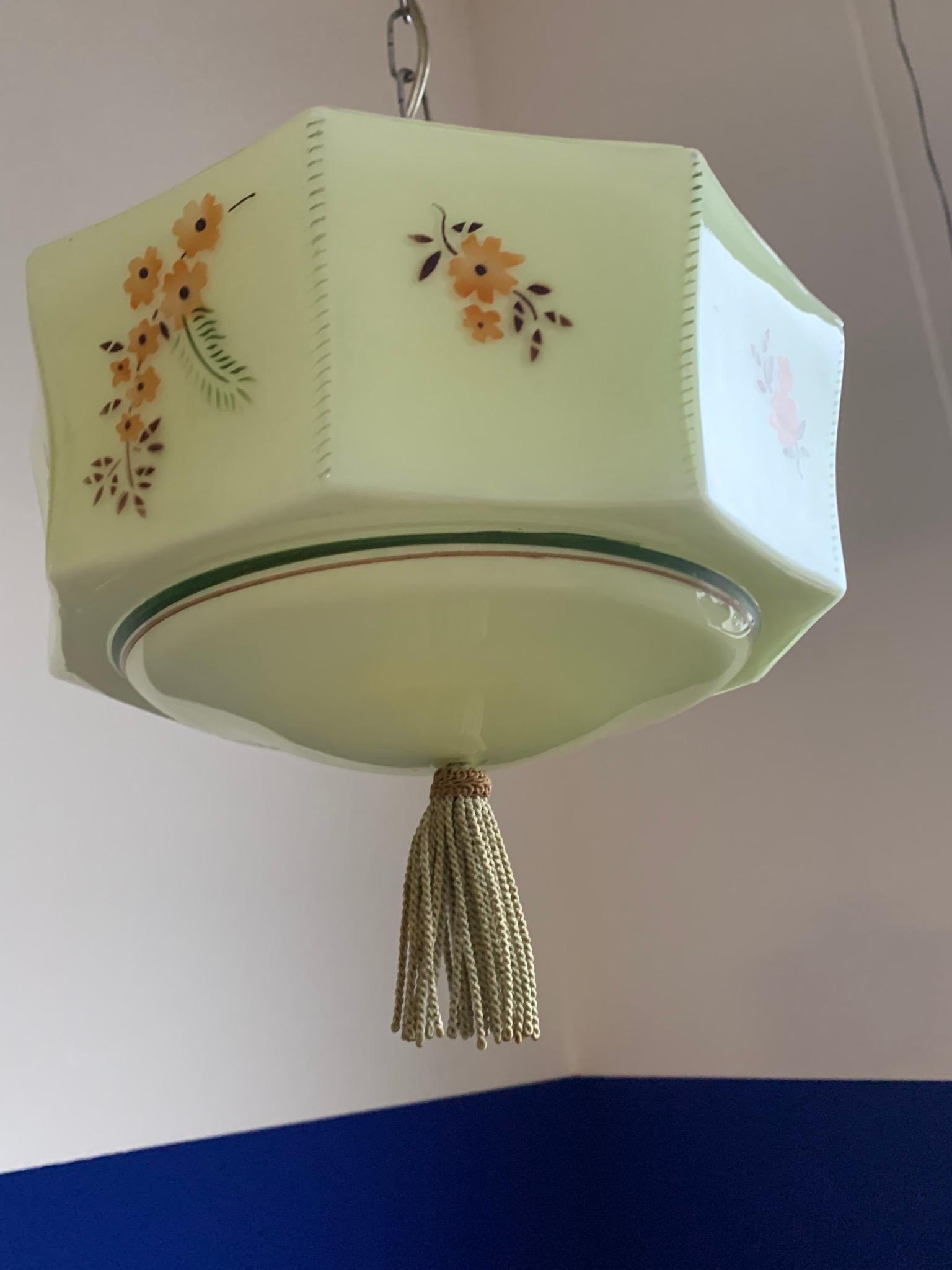 Art Deco American Style Soft Green Glass Pendant Lantern w. Hand Knotted Tassel 5