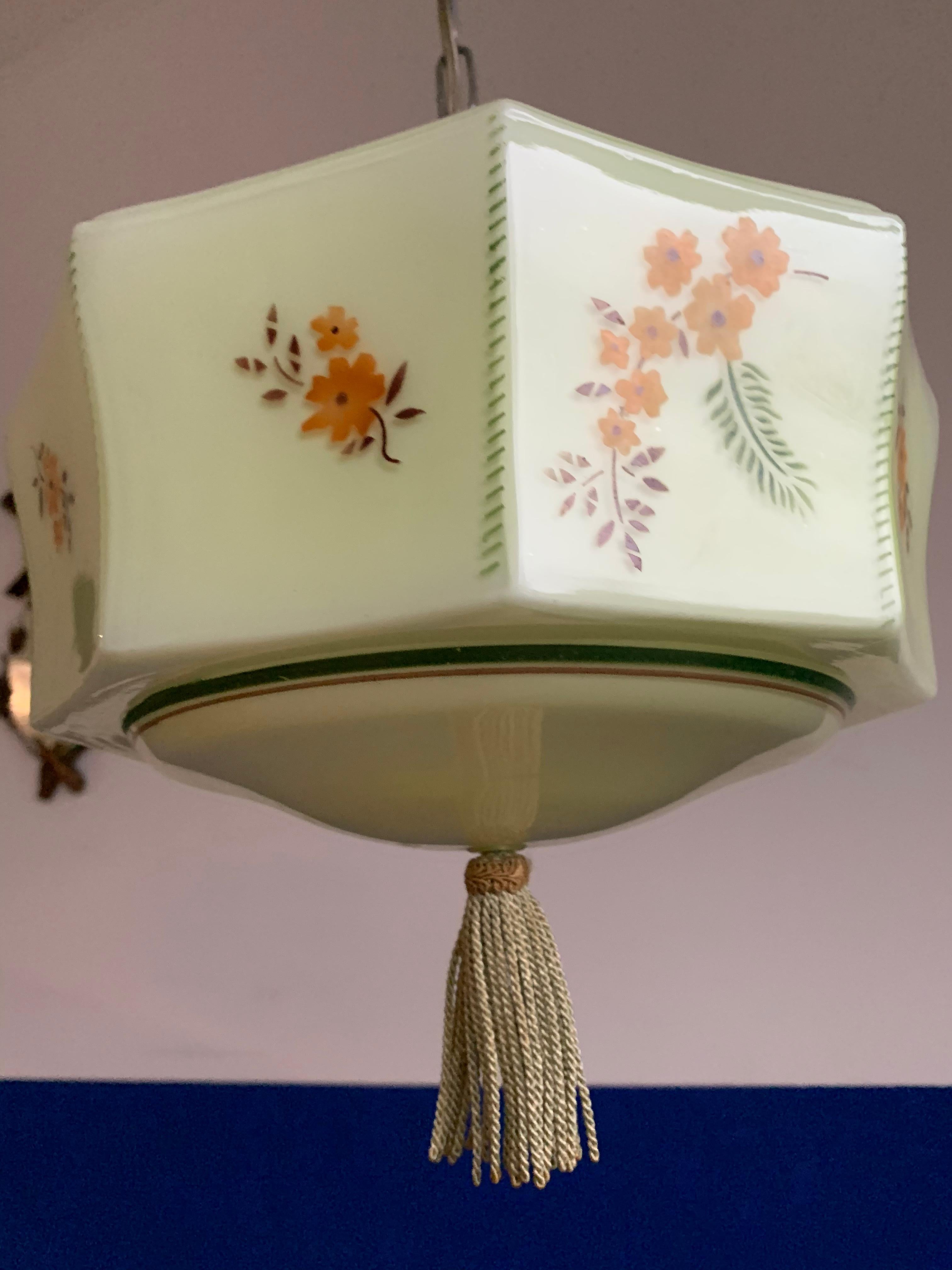 Art Deco American Style Soft Green Glass Pendant Lantern w. Hand Knotted Tassel 9
