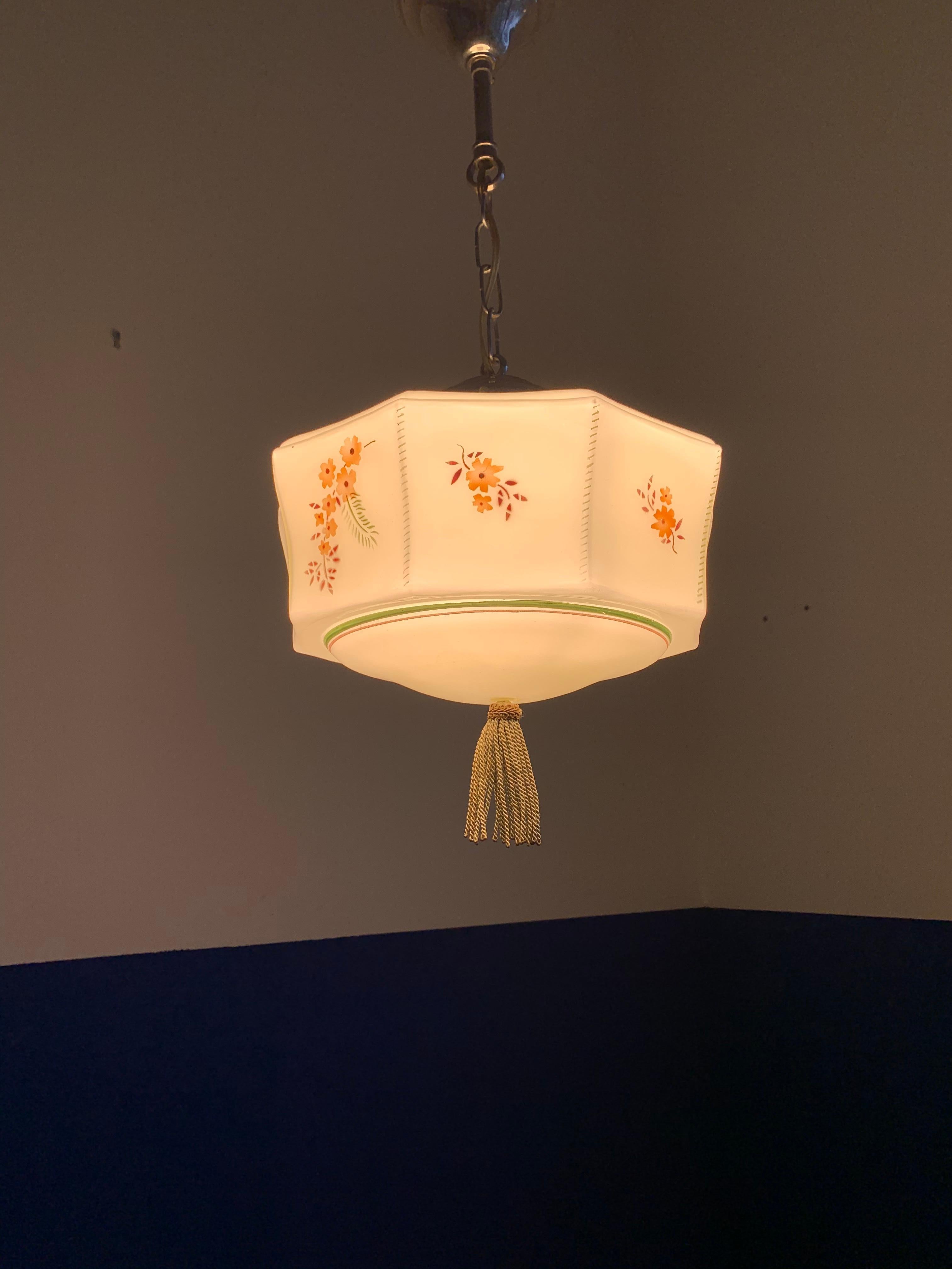 20th Century Art Deco American Style Soft Green Glass Pendant Lantern w. Hand Knotted Tassel