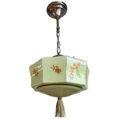 Art Deco American Style Soft Green Glass Pendant Lantern w. Hand Knotted Tassel