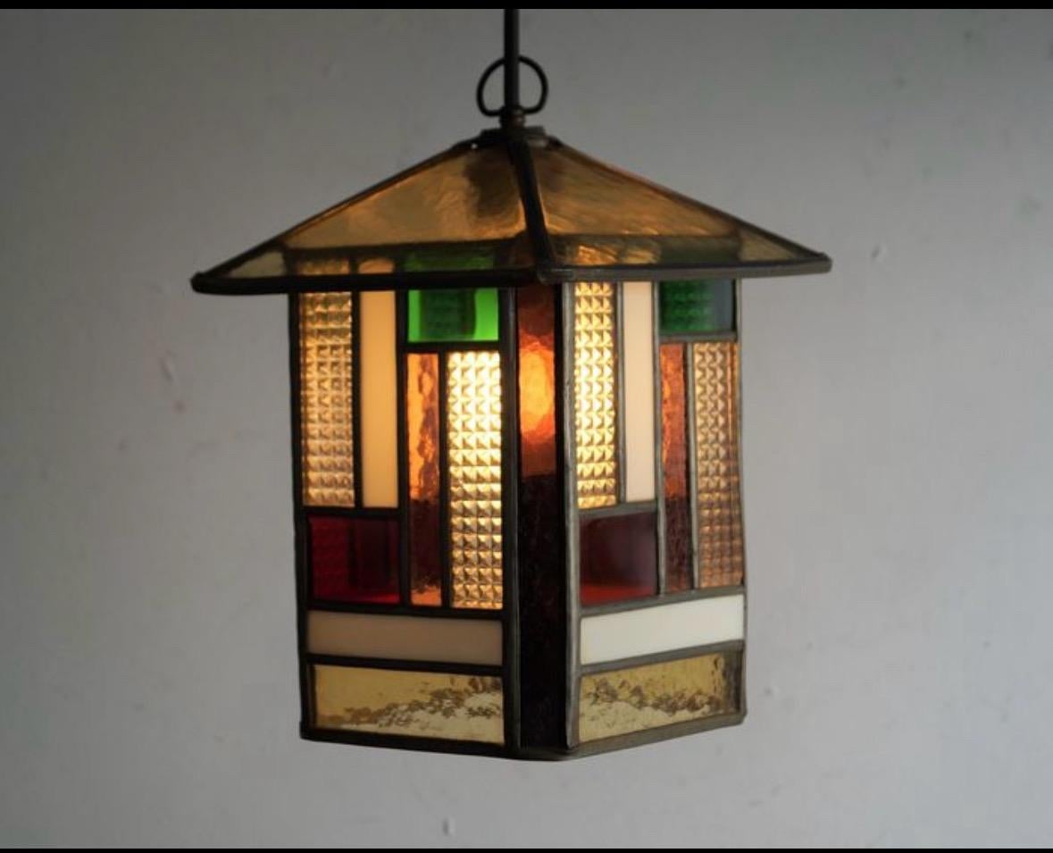 Dutch Art Deco Amersterdam School Hanging Stained Glass Chandelier For Sale