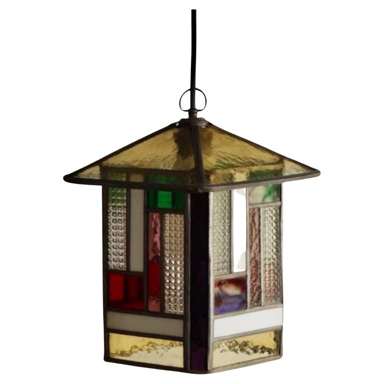 Art Deco Amersterdam School Hanging Stained Glass Chandelier For Sale