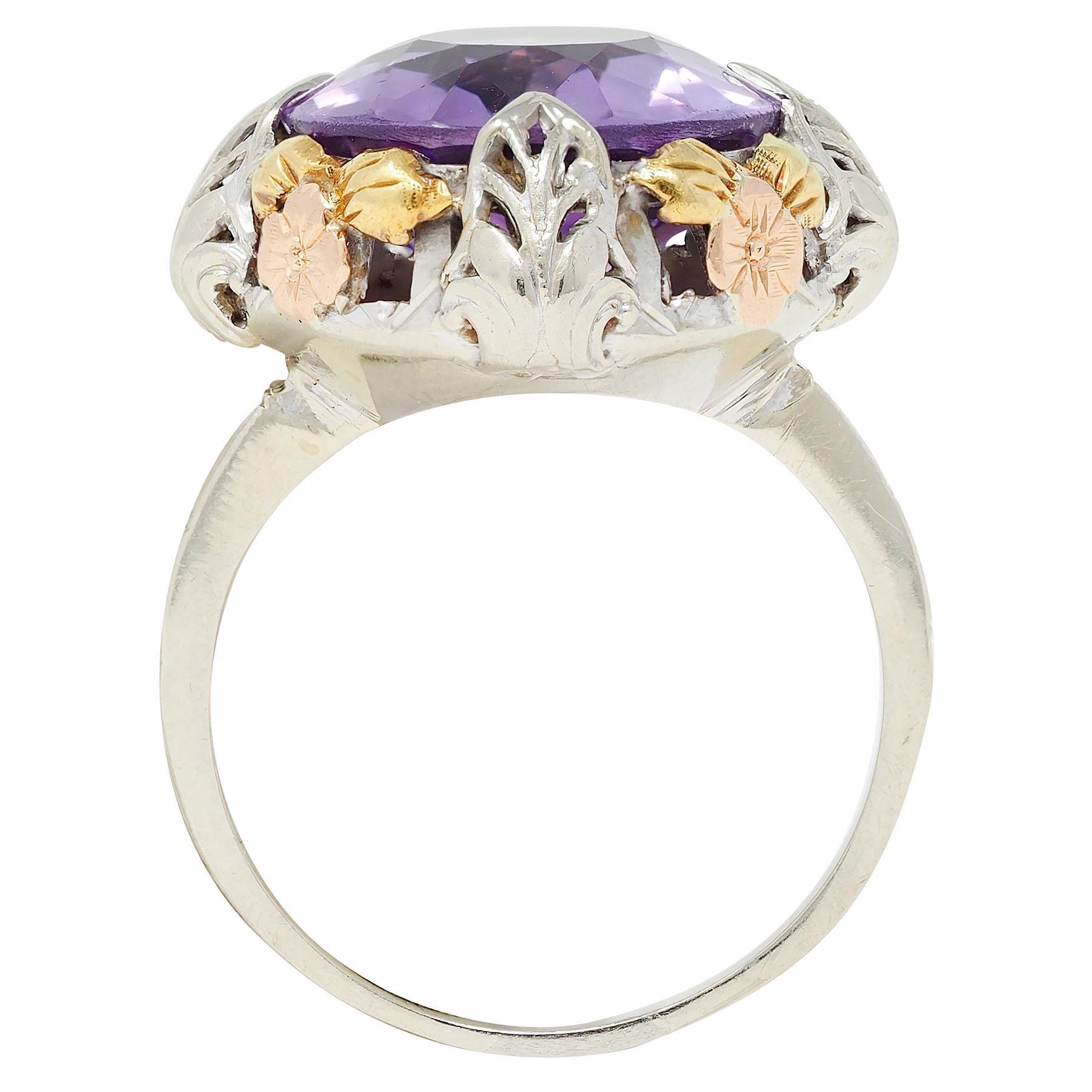 Art Deco Amethyst 14 Karat Tri-Gold Vintage Orange Blossom Cocktail-Ring, Vintage im Angebot 4