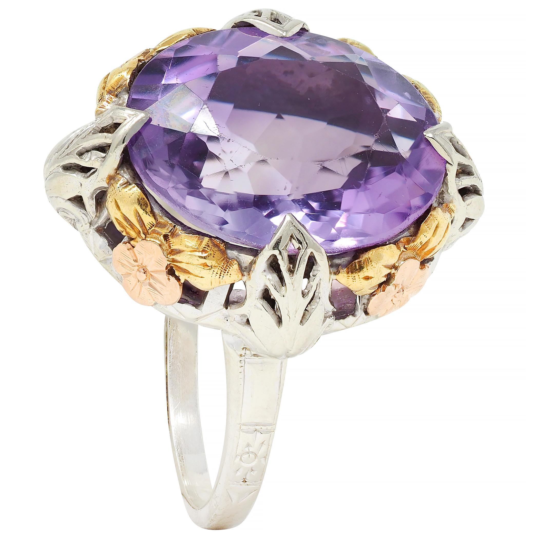 Art Deco Amethyst 14 Karat Tri-Gold Vintage Orange Blossom Cocktail-Ring, Vintage im Angebot 6