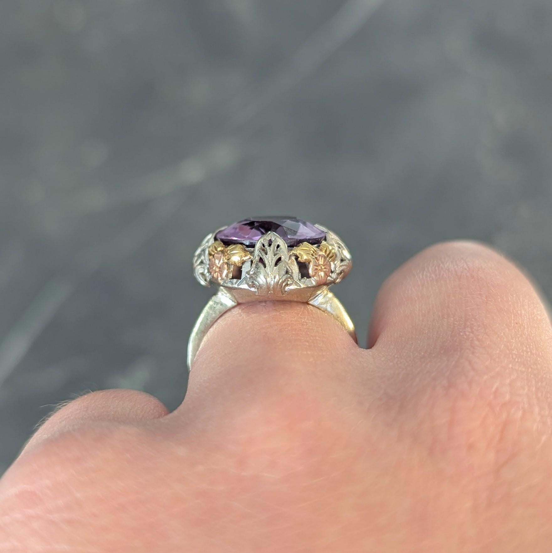 Art Deco Amethyst 14 Karat Tri-Gold Vintage Orange Blossom Cocktail-Ring, Vintage im Angebot 7