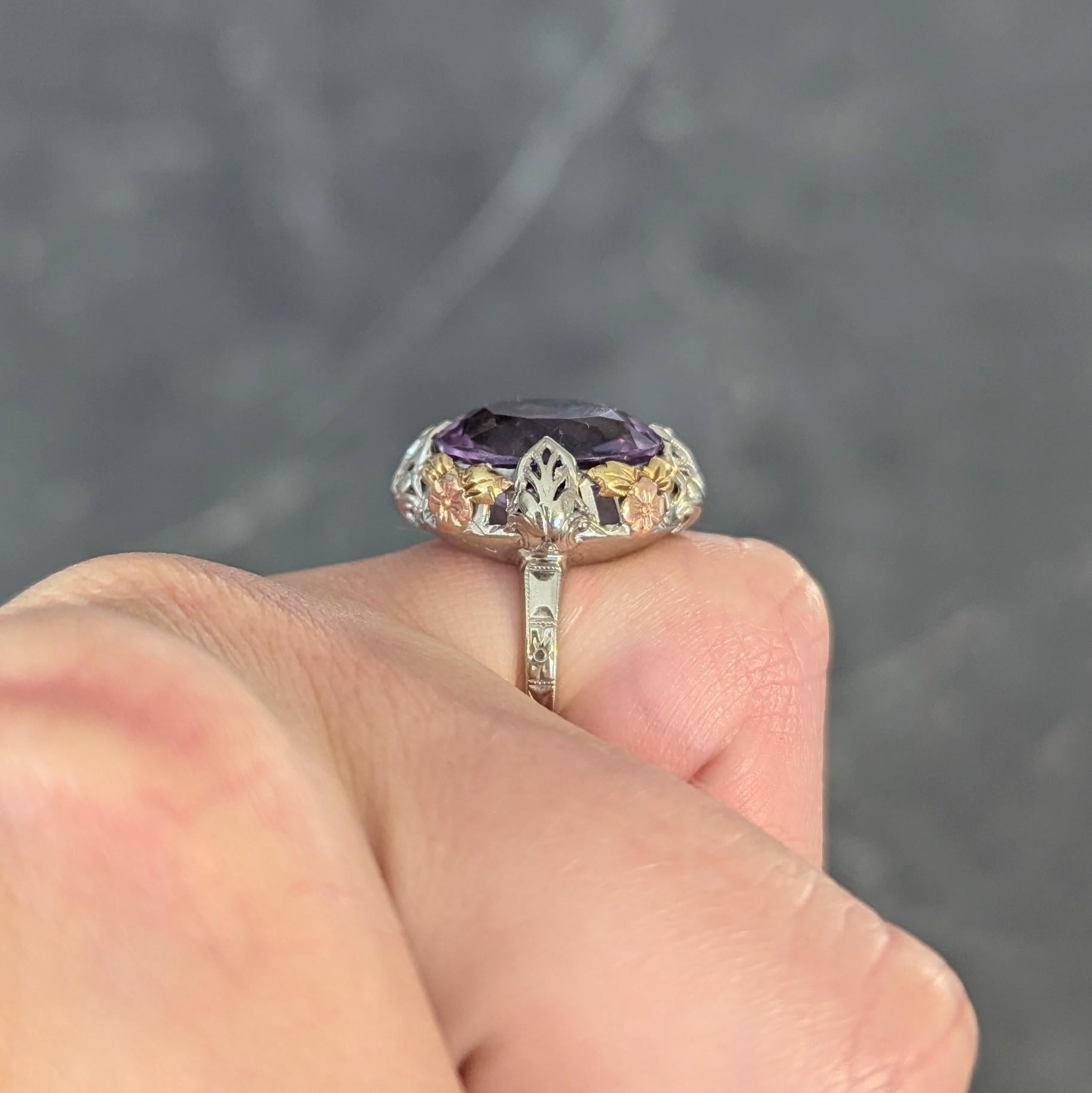 Art Deco Amethyst 14 Karat Tri-Gold Vintage Orange Blossom Cocktail-Ring, Vintage im Angebot 8