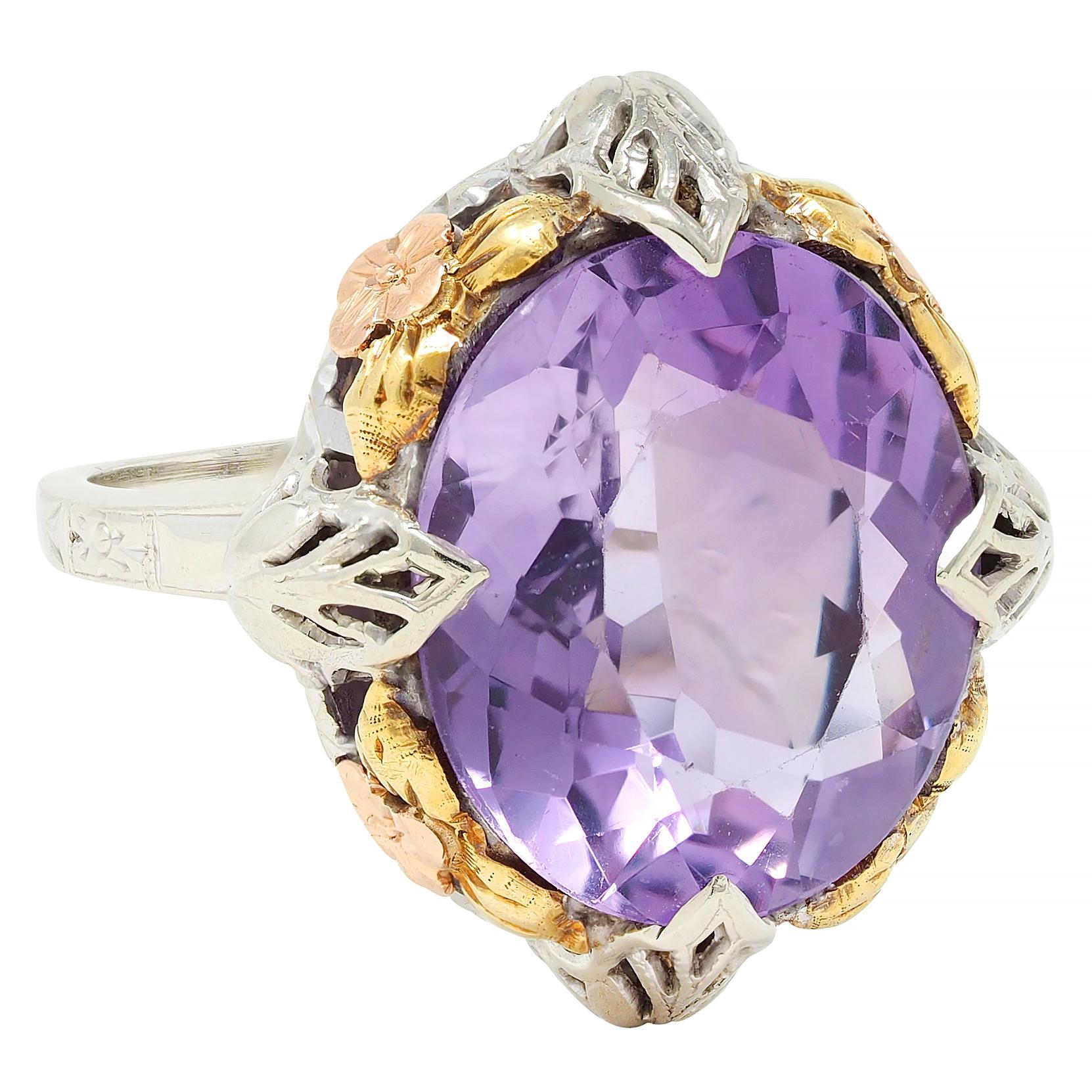 Art Deco Amethyst 14 Karat Tri-Gold Vintage Orange Blossom Cocktail-Ring, Vintage (Art déco) im Angebot