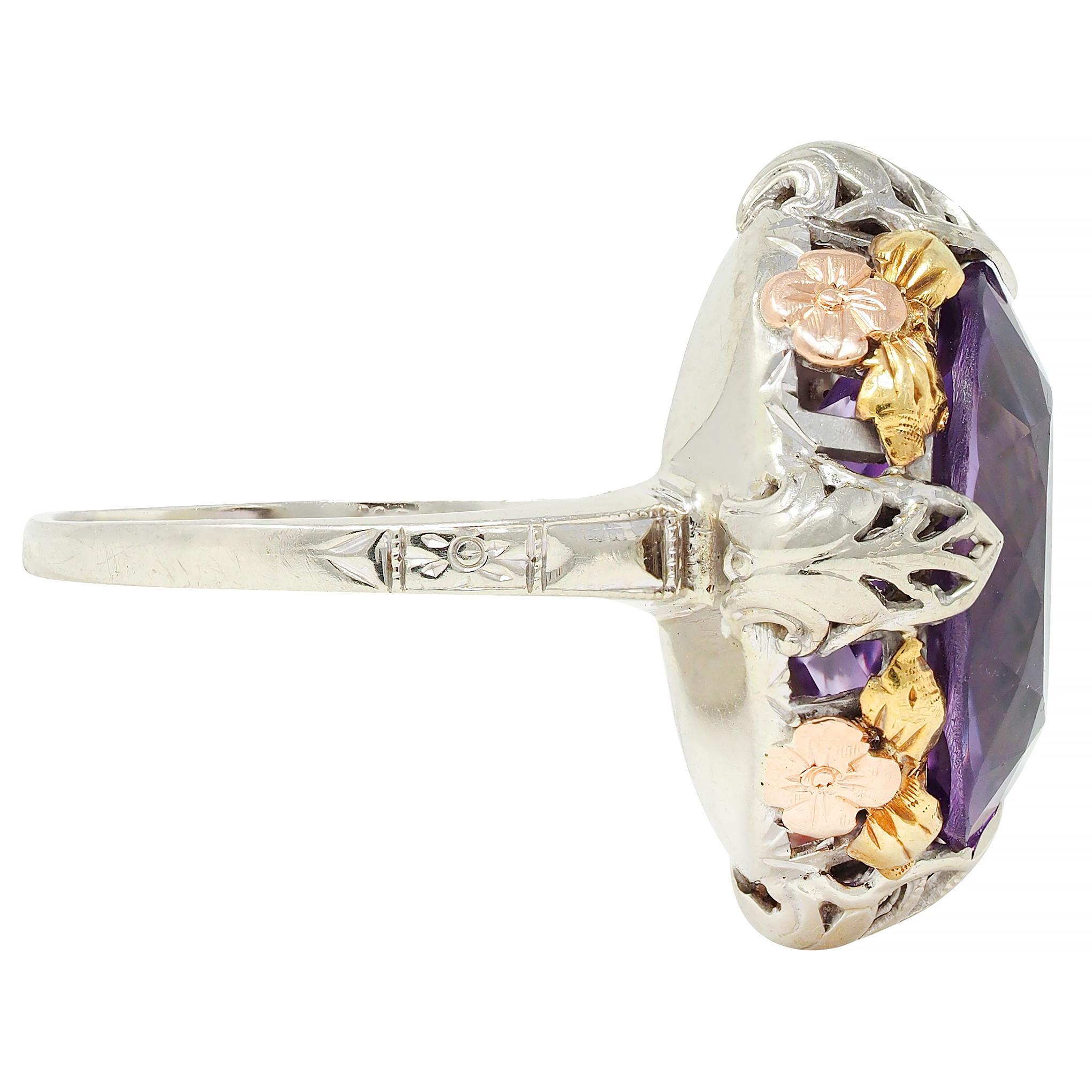 Art Deco Amethyst 14 Karat Tri-Gold Vintage Orange Blossom Cocktail-Ring, Vintage (Ovalschliff) im Angebot