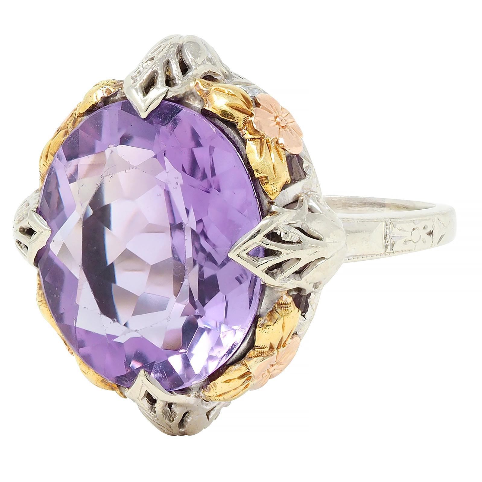 Art Deco Amethyst 14 Karat Tri-Gold Vintage Orange Blossom Cocktail-Ring, Vintage im Angebot 1