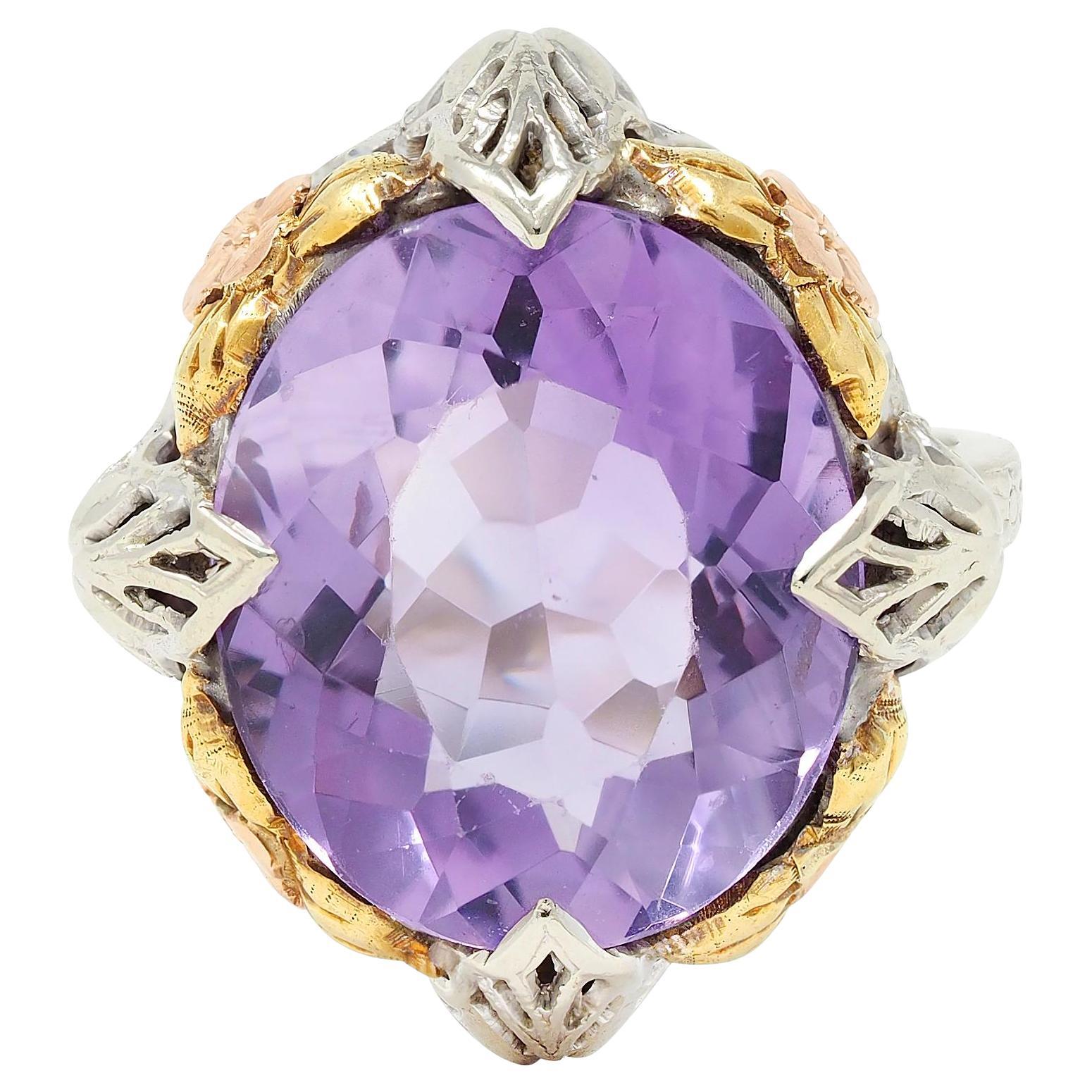 Art Deco Amethyst 14 Karat Tri-Gold Vintage Orange Blossom Cocktail-Ring, Vintage im Angebot