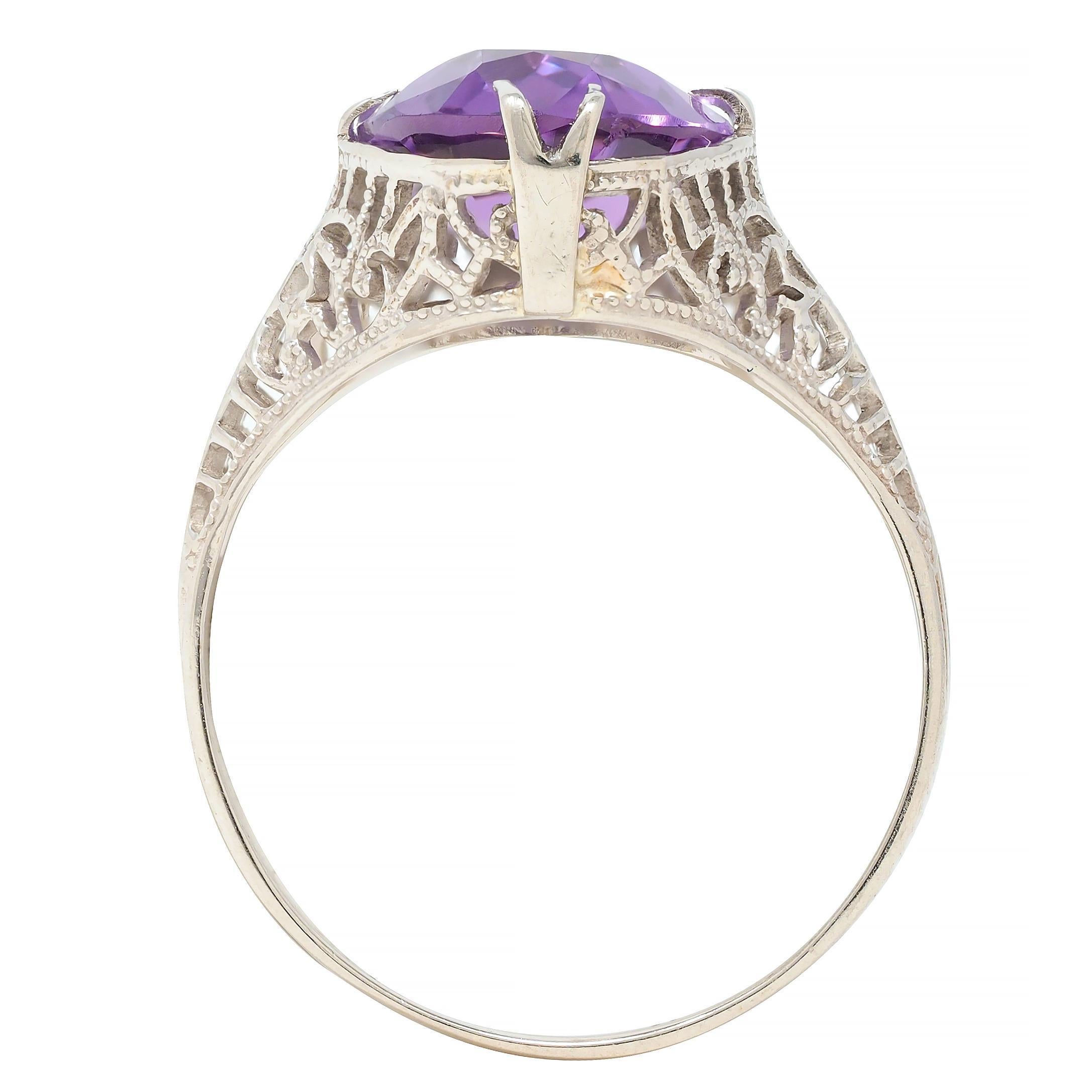Art Deco Amethyst 14 Karat White Gold Foliate Filigree Vintage Ring 5