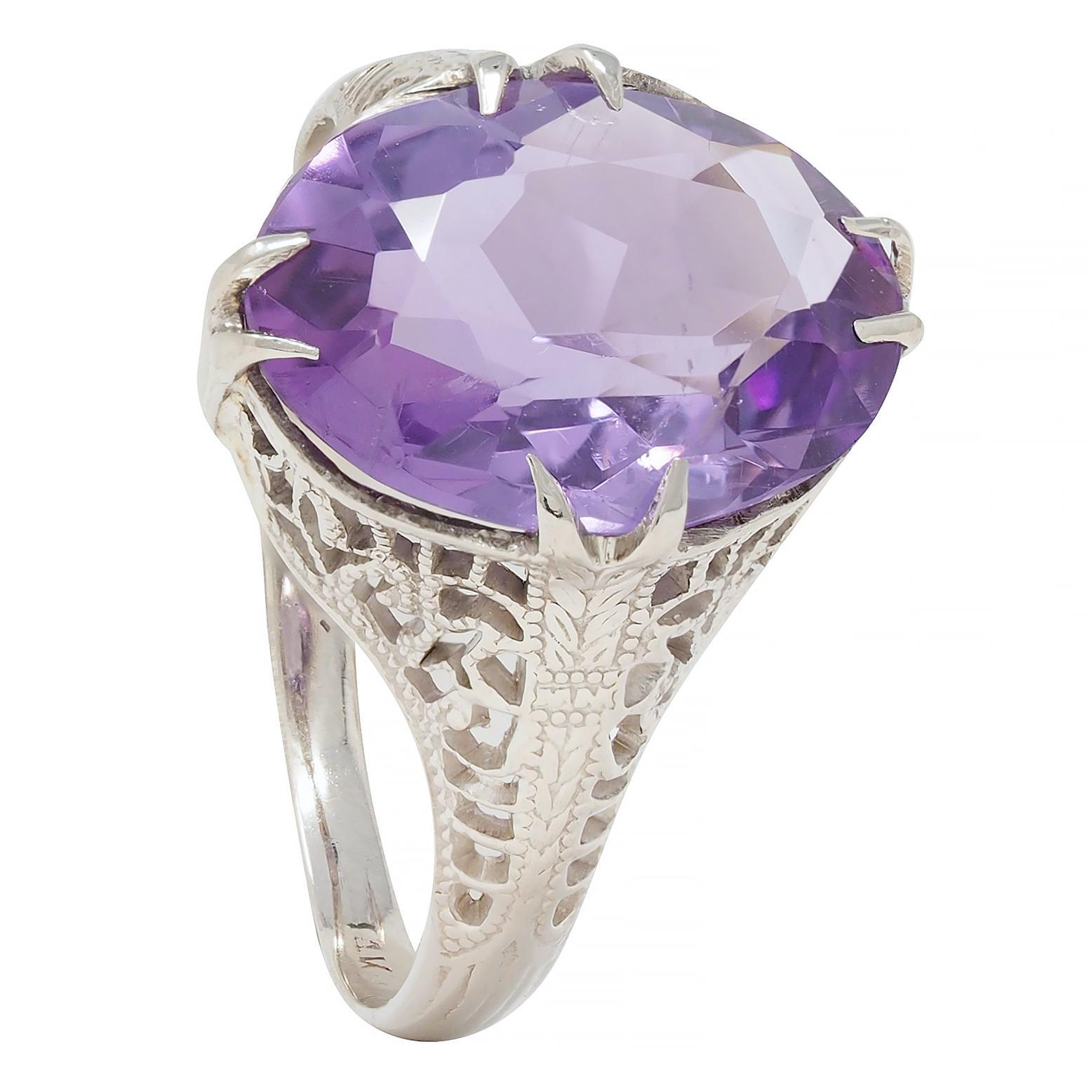 Art Deco Amethyst 14 Karat White Gold Foliate Filigree Vintage Ring 6