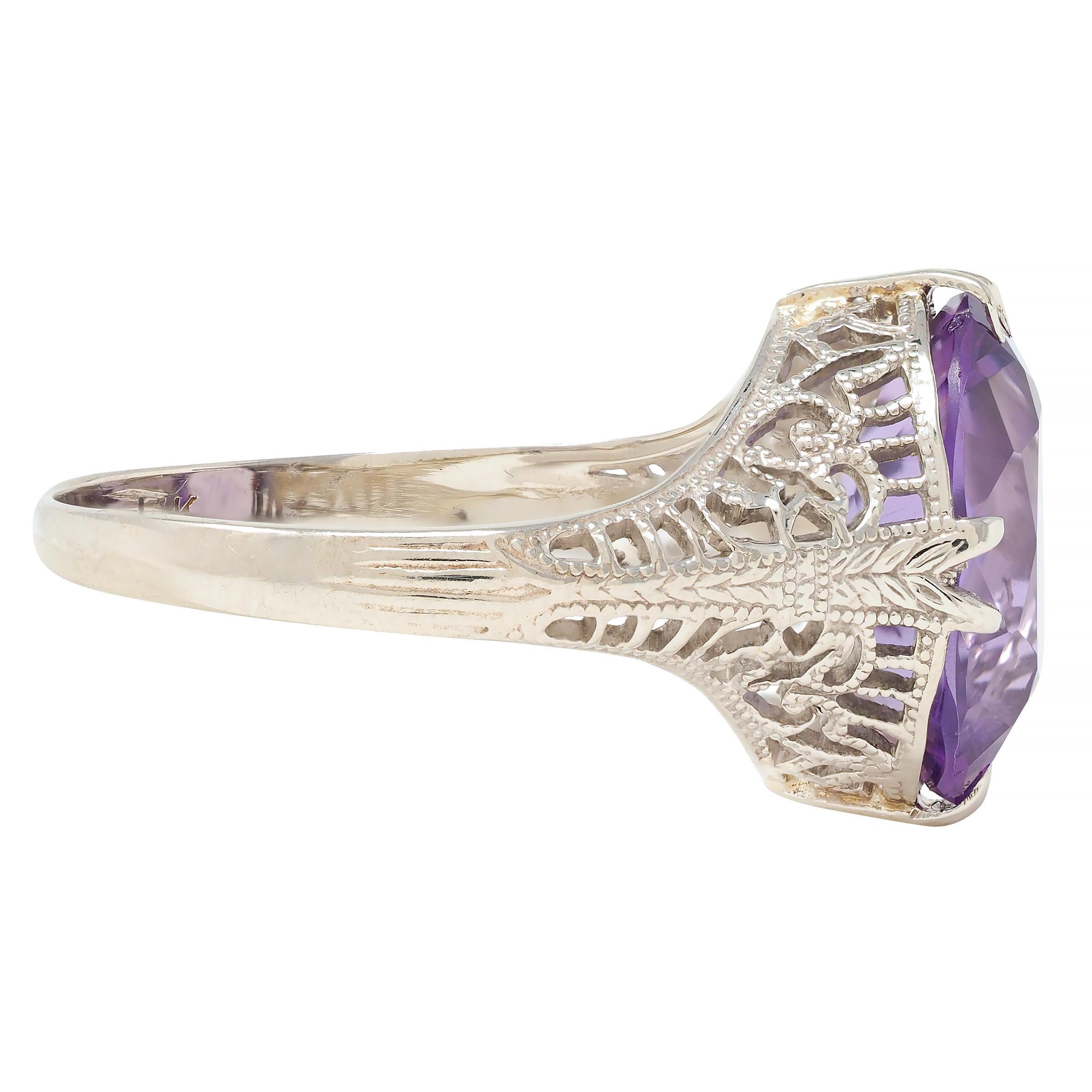 Art Deco Amethyst 14 Karat White Gold Foliate Filigree Vintage Ring In Excellent Condition In Philadelphia, PA