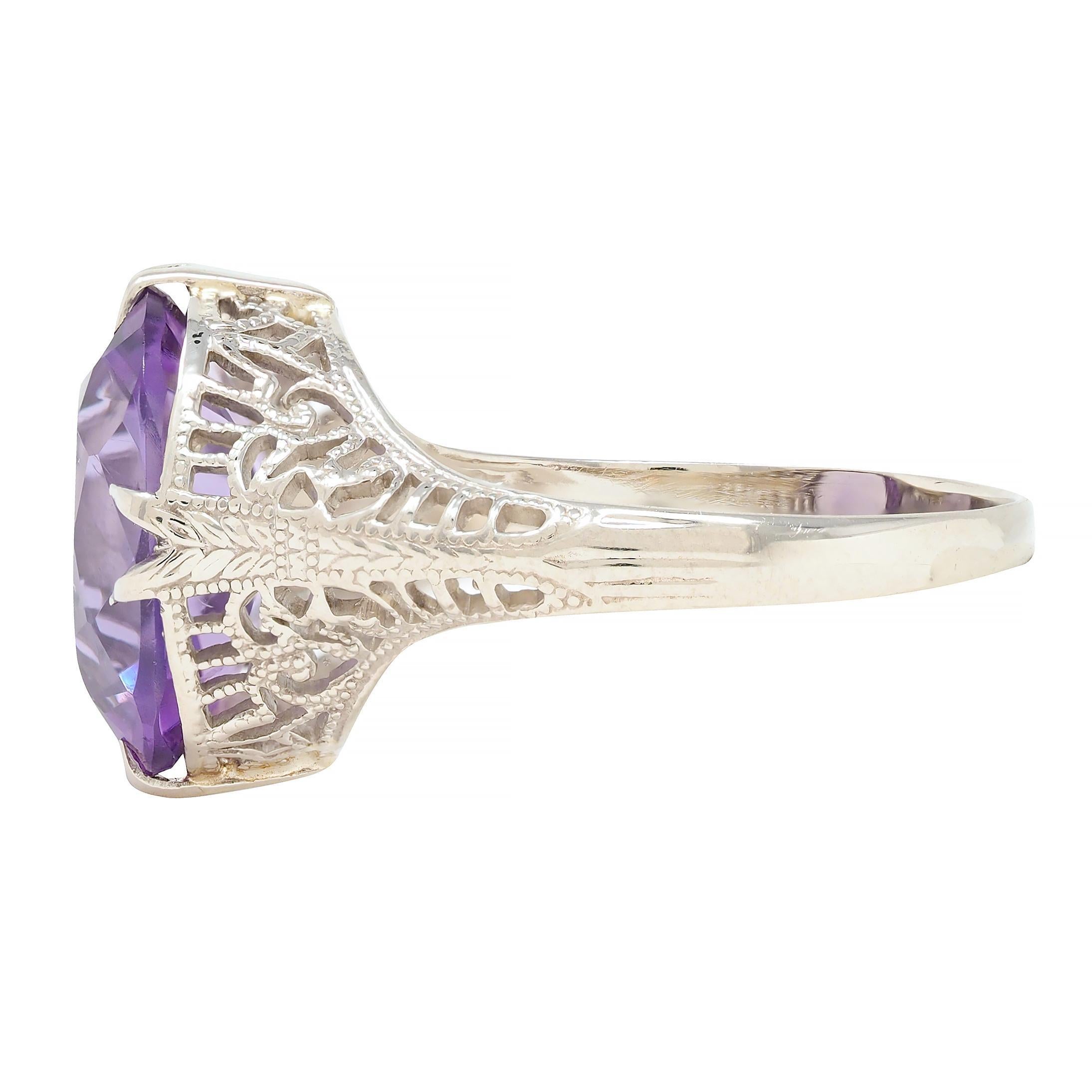 Art Deco Amethyst 14 Karat White Gold Foliate Filigree Vintage Ring 1