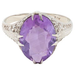 Art Deco Amethyst 14 Karat White Gold Foliate Filigree Vintage Ring