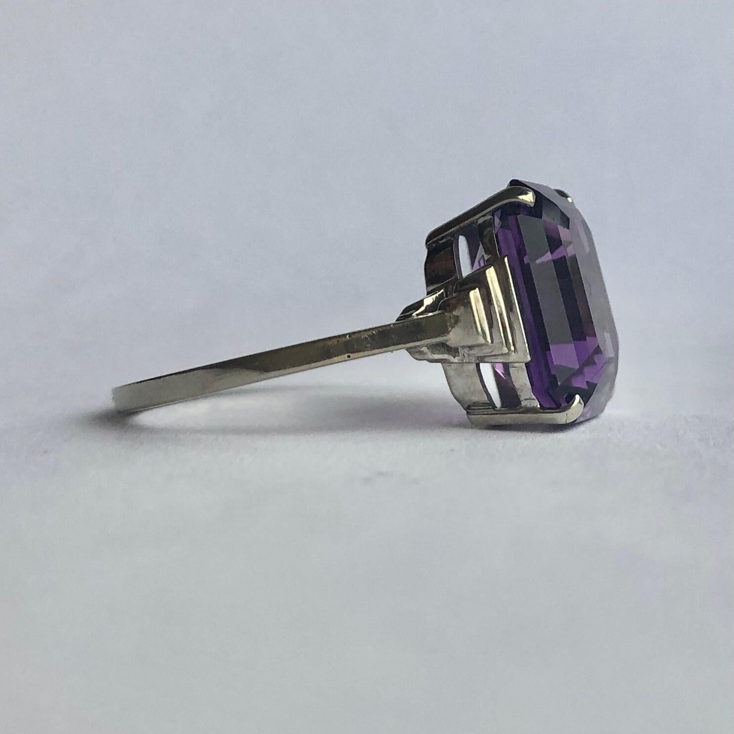 Emerald Cut Art Deco Amethyst and 9 Carat White Gold Cocktail Ring