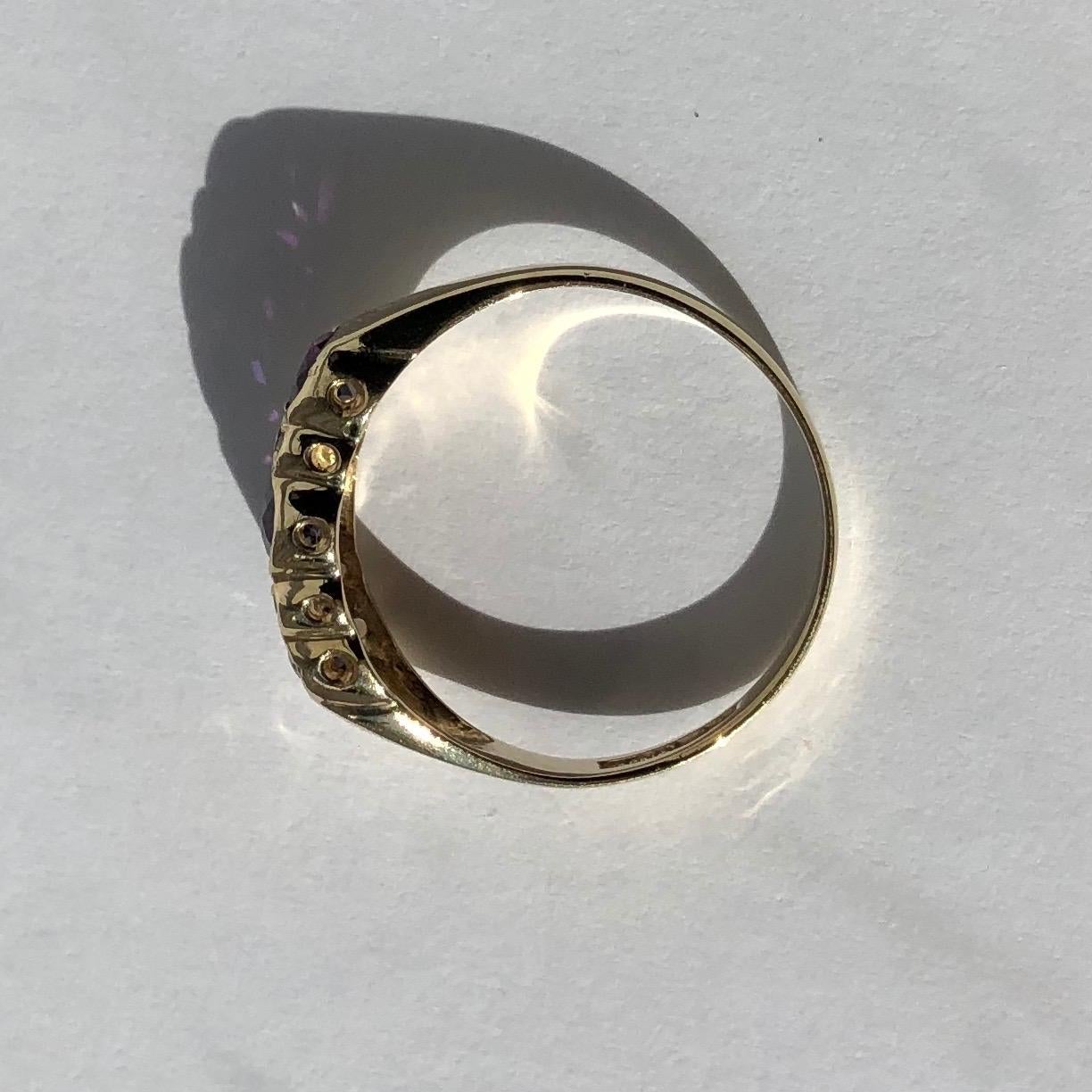 Oval Cut Art Deco Amethyst and Diamond 9 Carat Gold Three-Stone Ring
